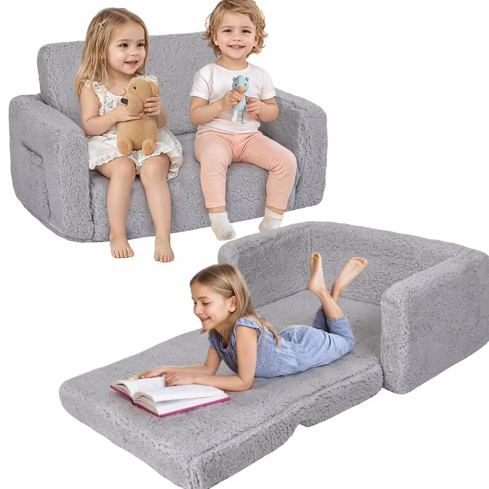 Sofá cama 2 en 1 para niños, silla extra ancha, bolsillos laterales y funda extraíble, sillones convertibles (gris)