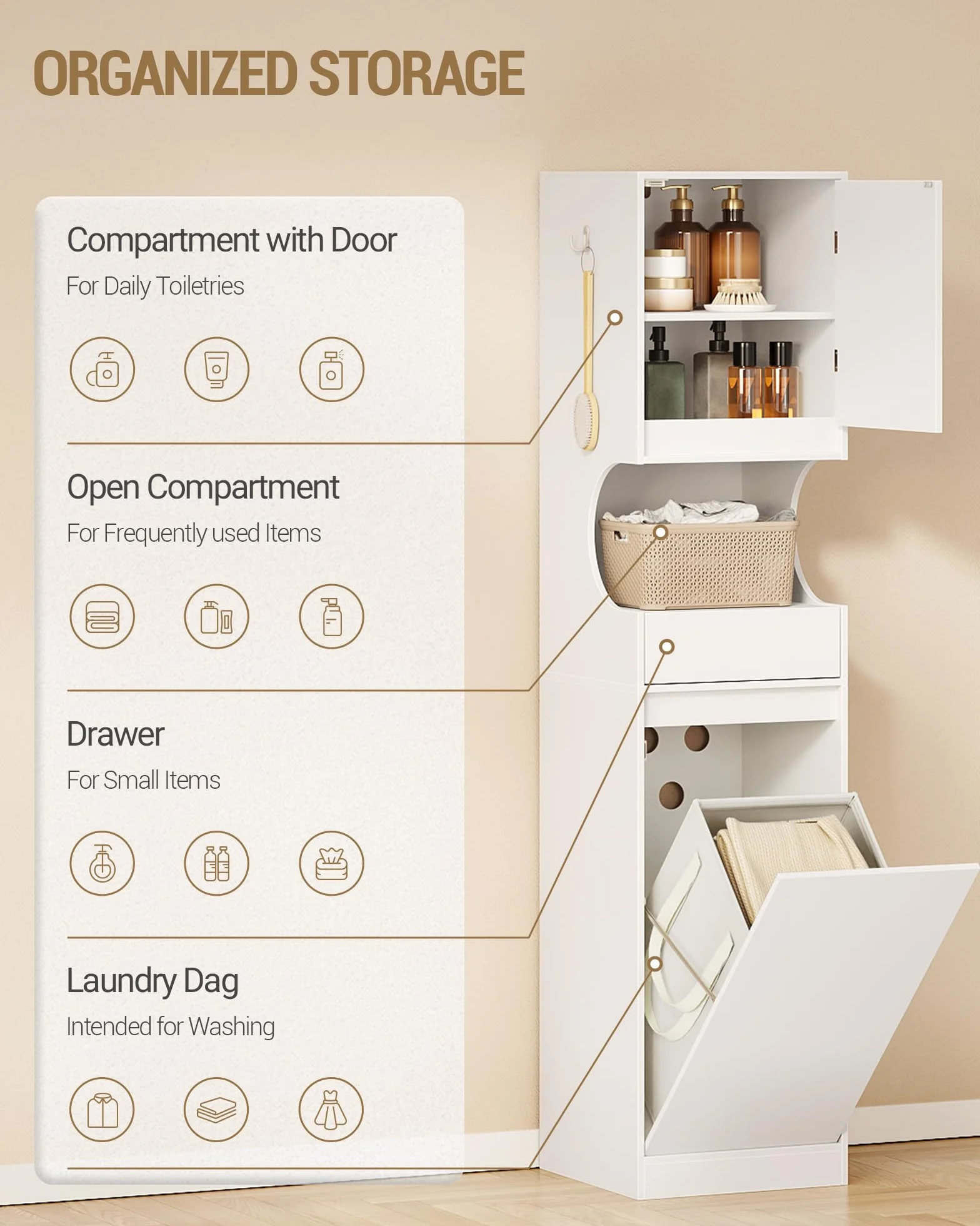 Hzuaneri Mueble Columna de Baño, Mueble Ropa Sucia con 1 Cesto para Ropa, Columna de Baño Mueble de Baños, Apto para baños, lavadero, Sala de Estar, 40 x 40 x 174 cm, Blanco BC43013X