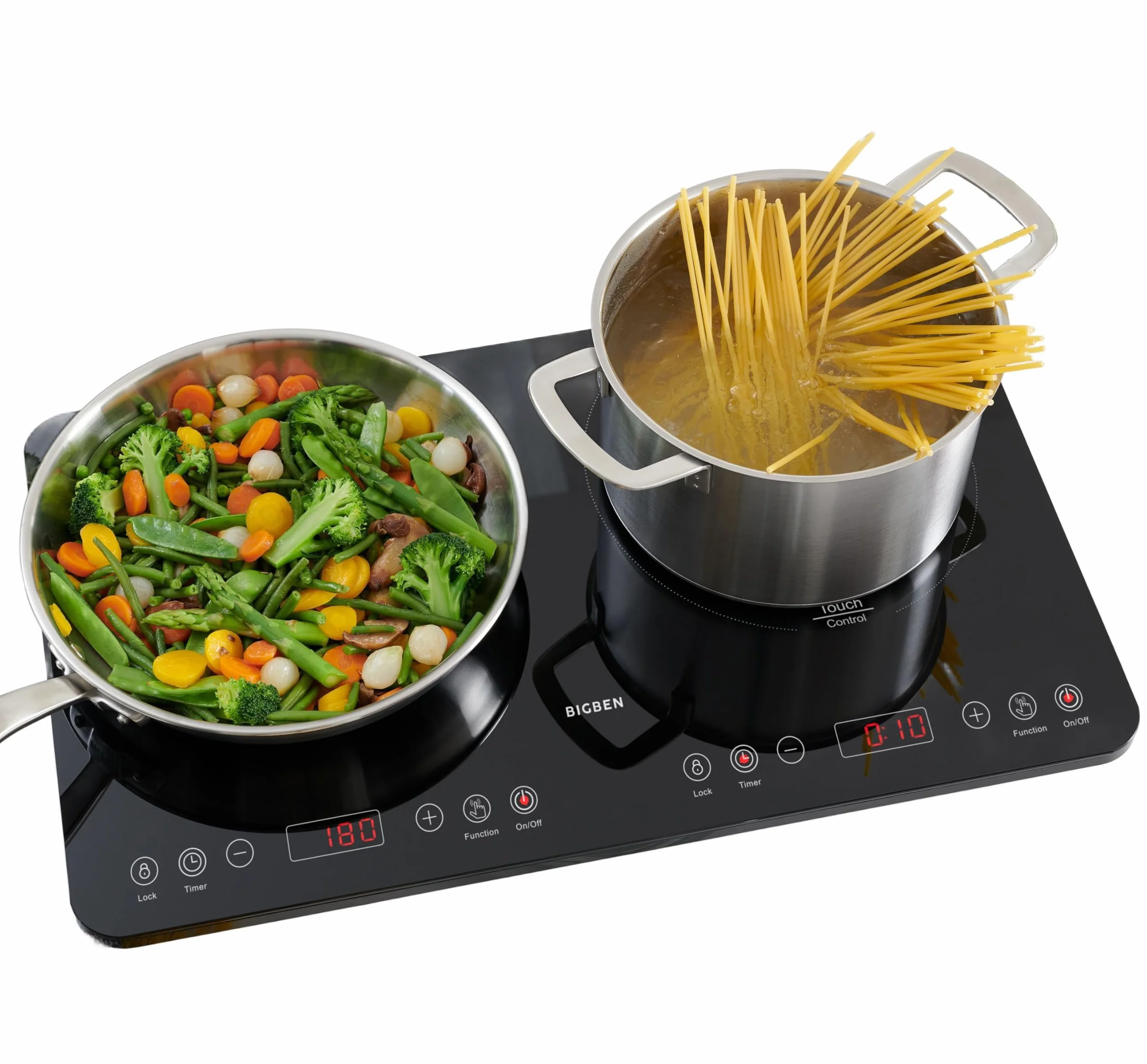 Bigben - Placa de inducción doble CKDUO2BK, 3500 W, 2 fuegos, temporizador, control de temperatura 60-240 °C, fácil limpieza