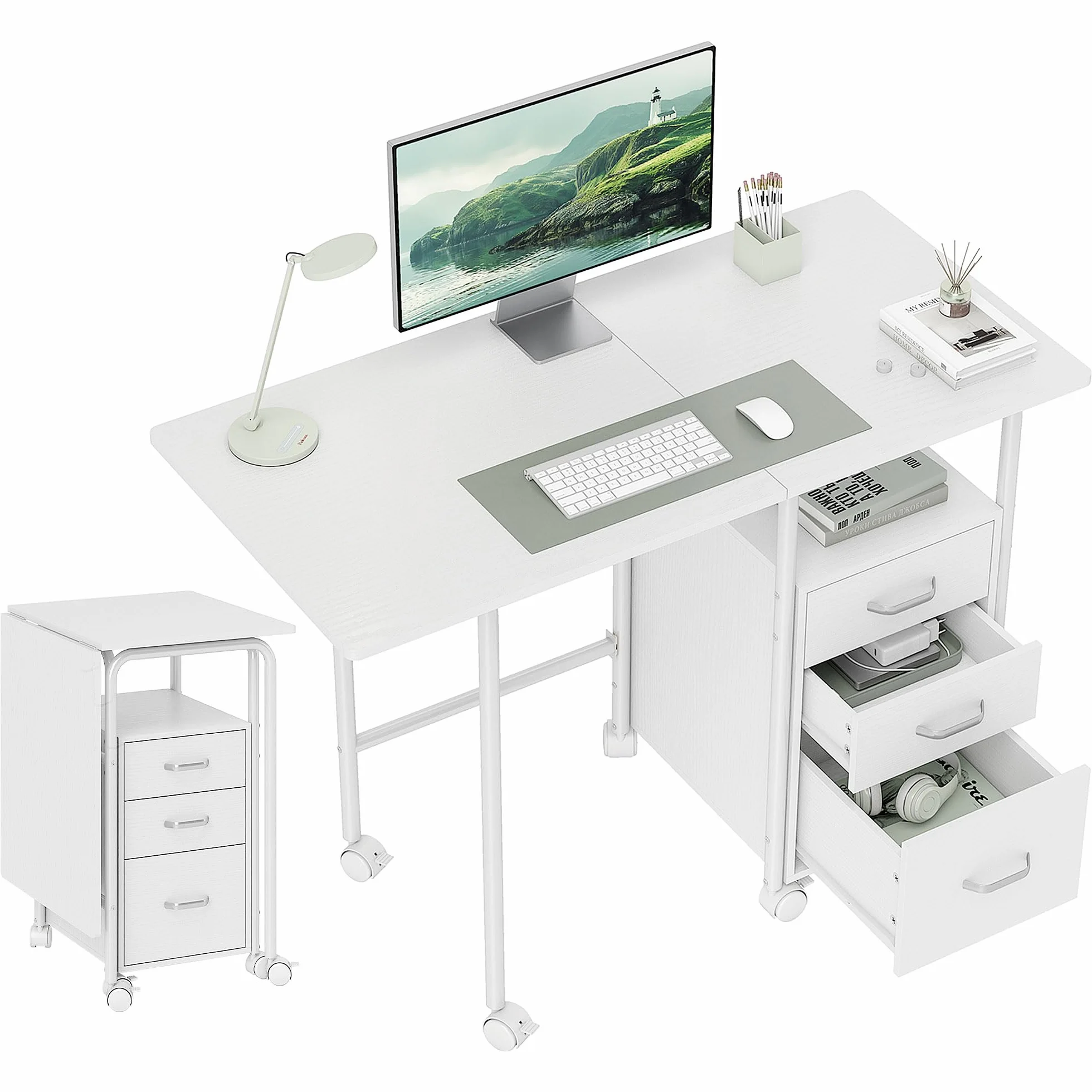 HOMCOM Escritorio Plegable con Ruedas y 3 cajones 105x51x75,5 cm Blanco | Escritorio para ordenador, sobre extensible, estructura de acero, para teletrabajo, dormitorio, estudio, estilo moderno.