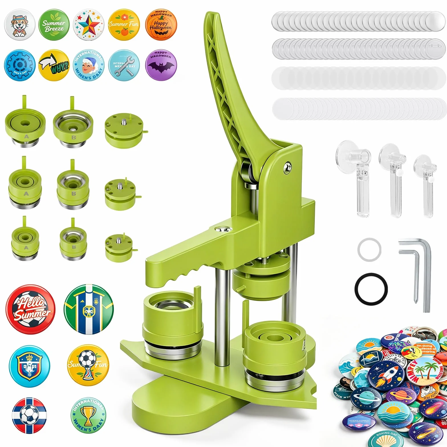 Zimiking Máquina para hacer insignias, tamaños de Button Maker Machine 25+32+58 mm, 300 juegos de piezas de insignias de metal, moldes, arandela de plástico y cortador de papel redondo (Verde)