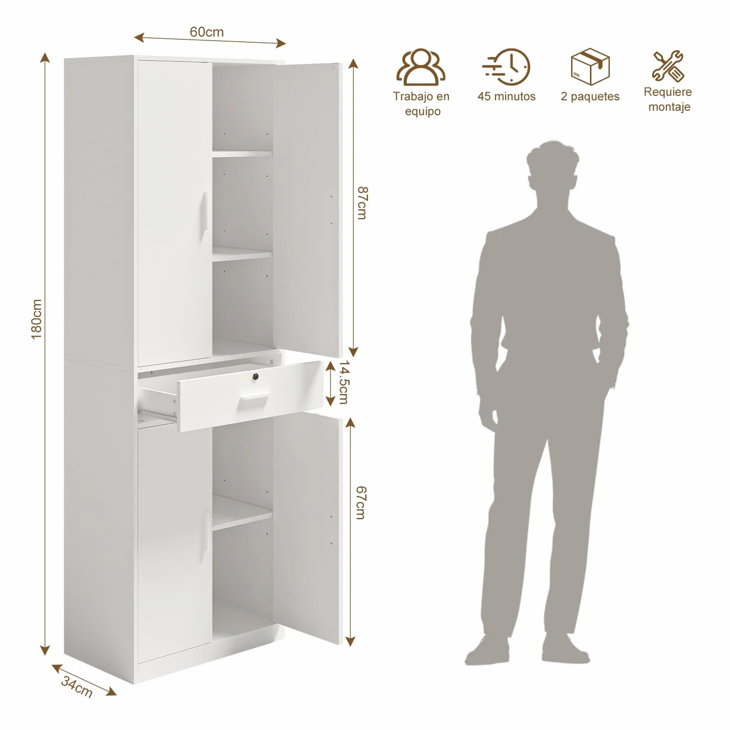 Armario de Oficina Multifuncional con llave Cajones y Cerradura, Blanco | Armario de Almacenamiento Multifuncional con 5 Niveles y Baldas Ajustables, Para salón, dormitorio despacho，60 x 180 x 34 cm