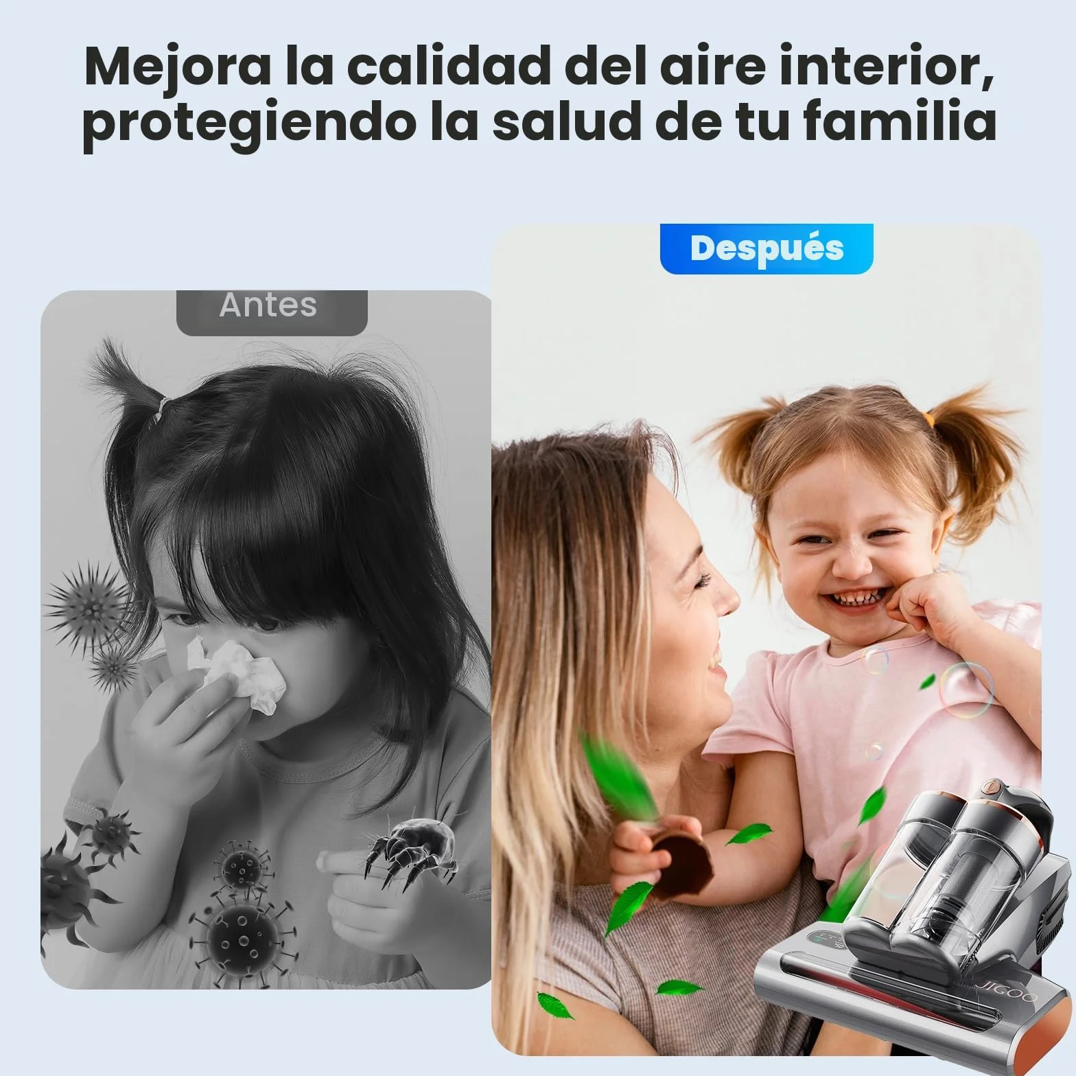 JIGOO S300 Pro Aspirador de Ácaros con Sensor de Ácaros y Pantalla Digital, 500W Aspiradora antiácaros con Luz UV, 13KPa de succión, para Alergias, Elimina alérgenos en colchones, Camas y sofás