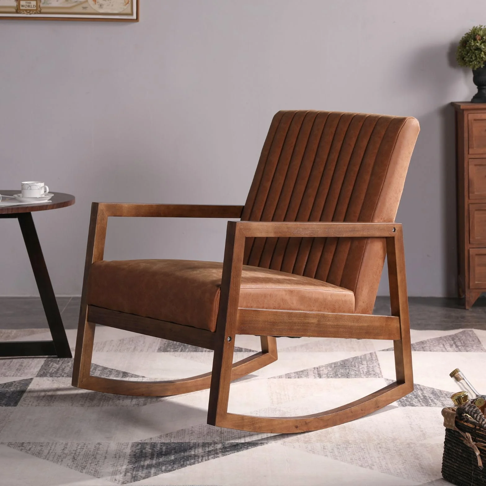 Ya-Home Mecedora Lactancia de PU Cuero Sillon de Madera Maciza Retro,Sillon Dormitorio Antiguo Butaca Relax con Brazos para Salón/Balcón, Marrón