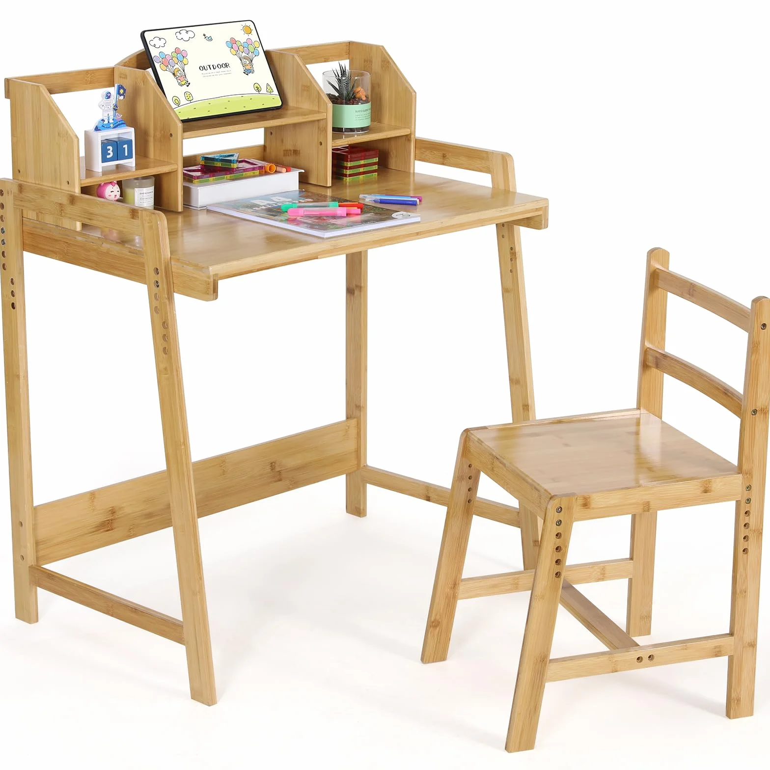 Escritorio Infantil Bambú con Silla Ajustable, Mesa Madera Estudiante, Soporte Libros Almacenamiento Natural