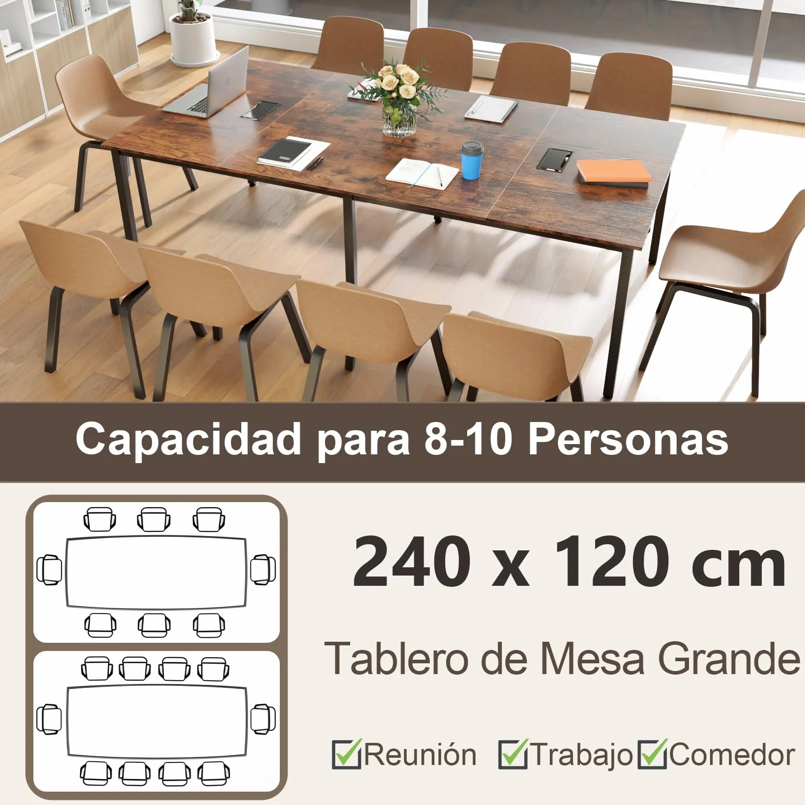GYMAX Mesa de Conferencias, Ordenador de Oficina con 2 Pasacables, Escritorio Rectangular de 240 x 120 cm con Marco Metálico Resistente, Mesa Moderna para Seminarios para Sala de Reuniones