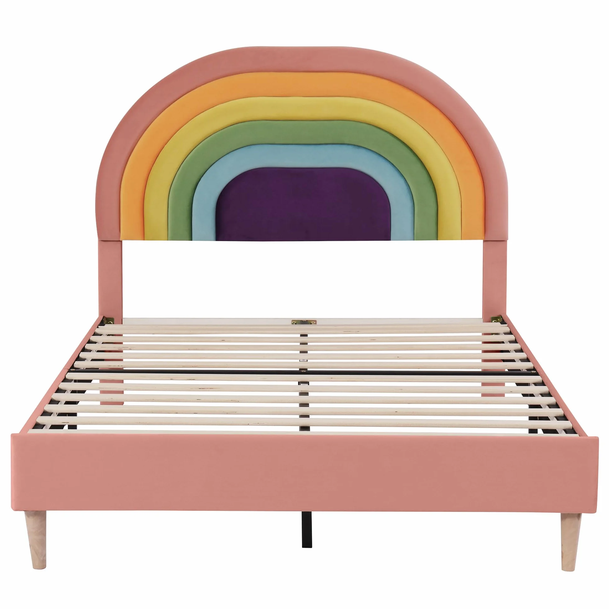 Merax Cama tapizada de 140 x 200 cm con somier y cabecero ajustable, cama doble para adultos y jóvenes, tela de terciopelo, color rosa (sin colchón)