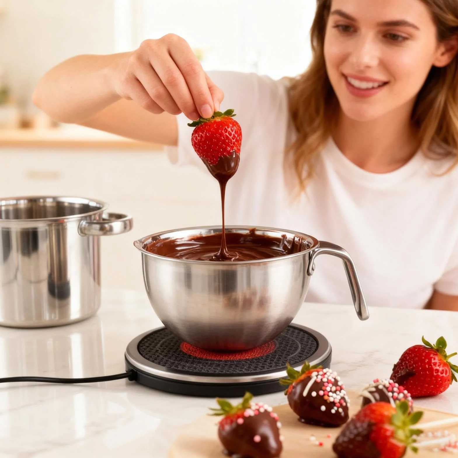 Acero inoxidable juego de olla baño maría 2,6 L y tazón 2 L con espátula silicona derretir chocolate