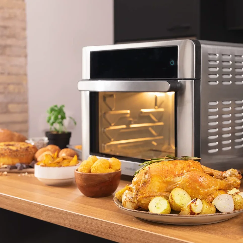 Cecotec Horno Freidora de Aire Caliente Bake&Fry 3000 Touch Steel. 1600 W, 30 Litros, Convección, Pantalla Táctil, 9 Funciones, Temperatura y Altura Regulable, Acero Inoxidable