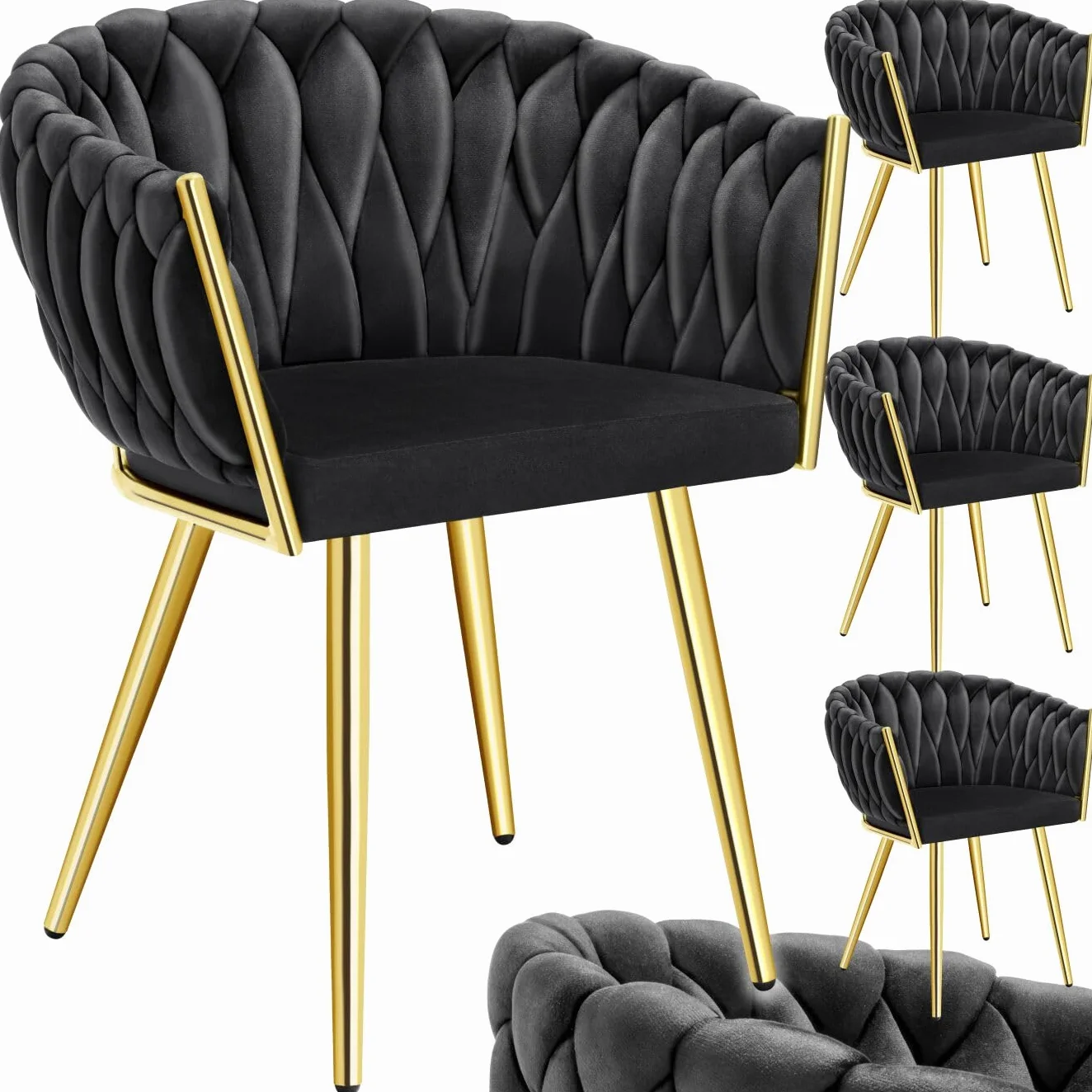 tectake® Juego De Sillas de Comedor, Silla Acolchada con Reposabrazos, Diseño Anudado, Estructura de Acero, Cocina, Sillas Comedor Nordica - 4 Sillas Negro/Oro