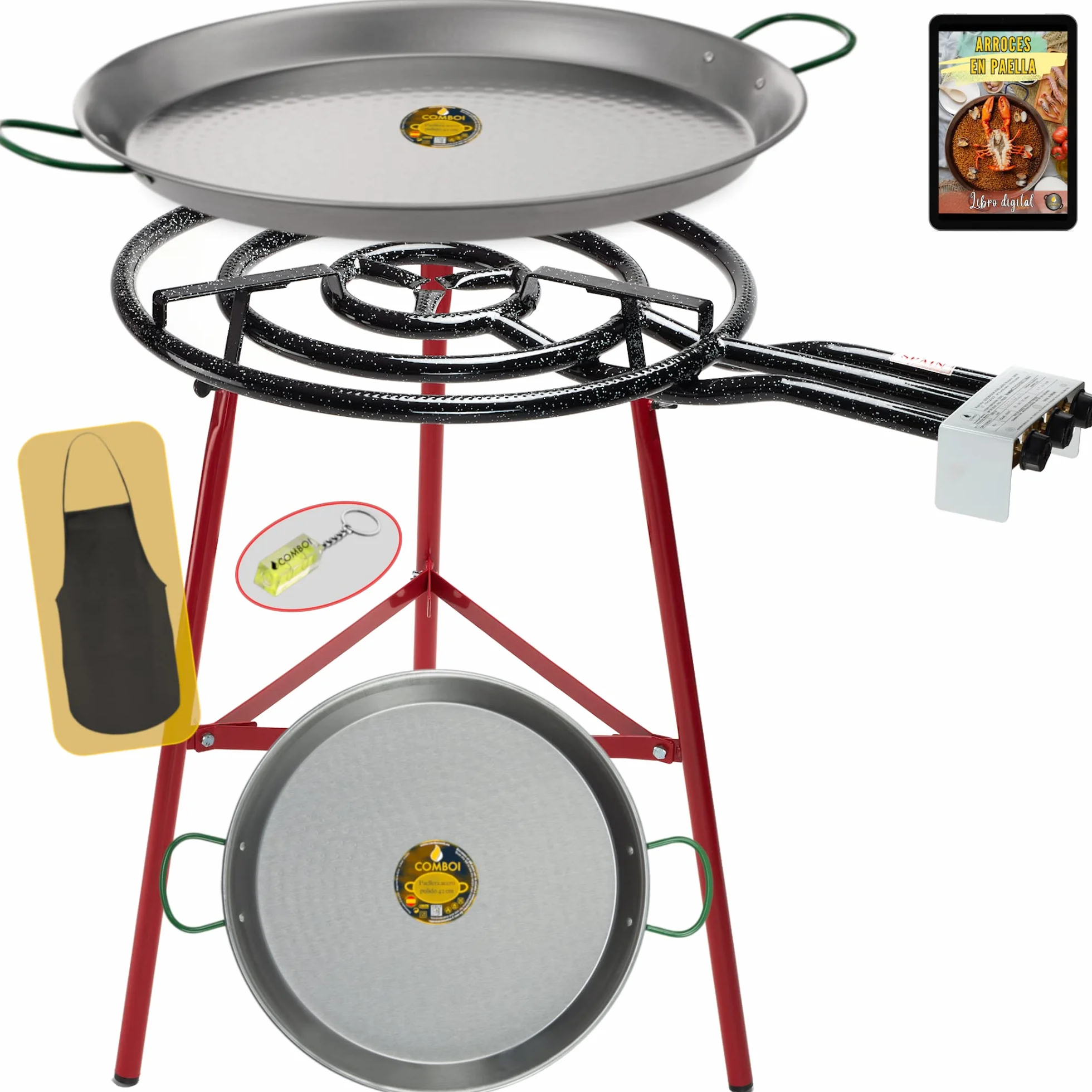 COMBOI - Kit Paellero gas butano 60 cm, Quemador paella, paellera de 70 cm + paellera 42 cm, Soporte Patas reforzadas, nivel, delantal, libro de recetas digital