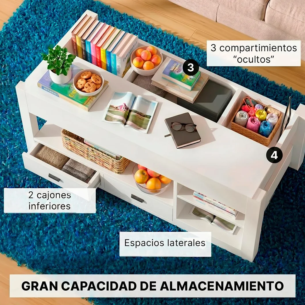 Marctani Mesa de Centro elevable 3 en 1 - Mesa de Centro Blanca con Almacenamiento Oculto y 2 Cajones, Mueble de Salón Extensible en Madera MDF para Escritorio y Comedor