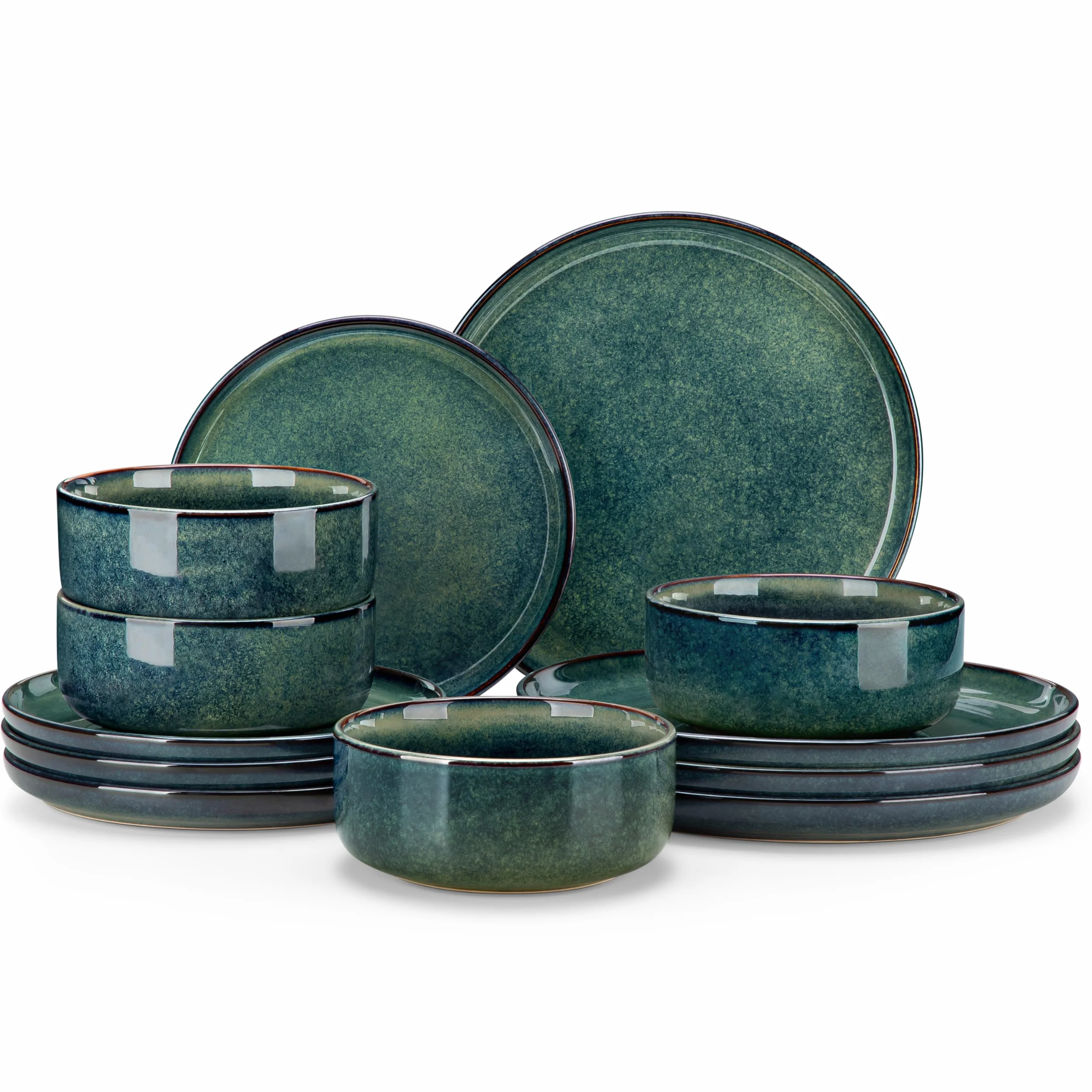 vancasso STARRY Juego de Vajillas Completas 4 Persone, Platos Vajilla 12 Piezas in Gres, con 4 Platos Llanos, 4 Platos de Postre y 4 Tazones de Cereales, Esmaltado Reactivo Verde