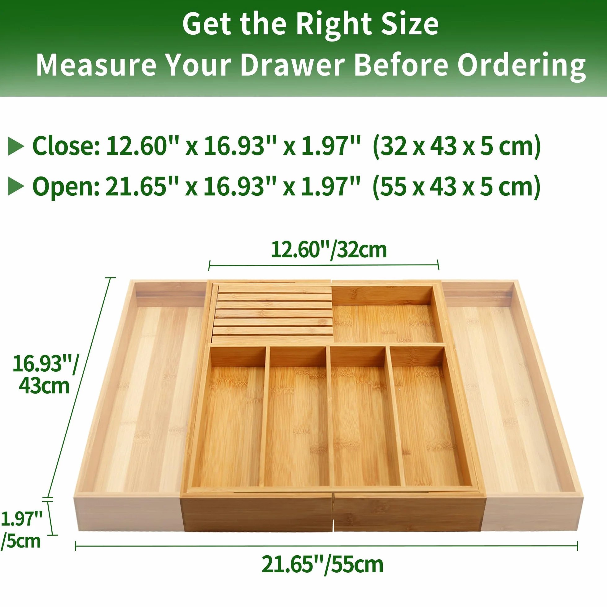 VaeFae Bandeja organizadora de cubiertos de bambú, organizador de cajones de cubiertos grande, 5-7 compartimentos, 32-55 cm, soporte extensible para utensilios de cocina, organizador divisor con