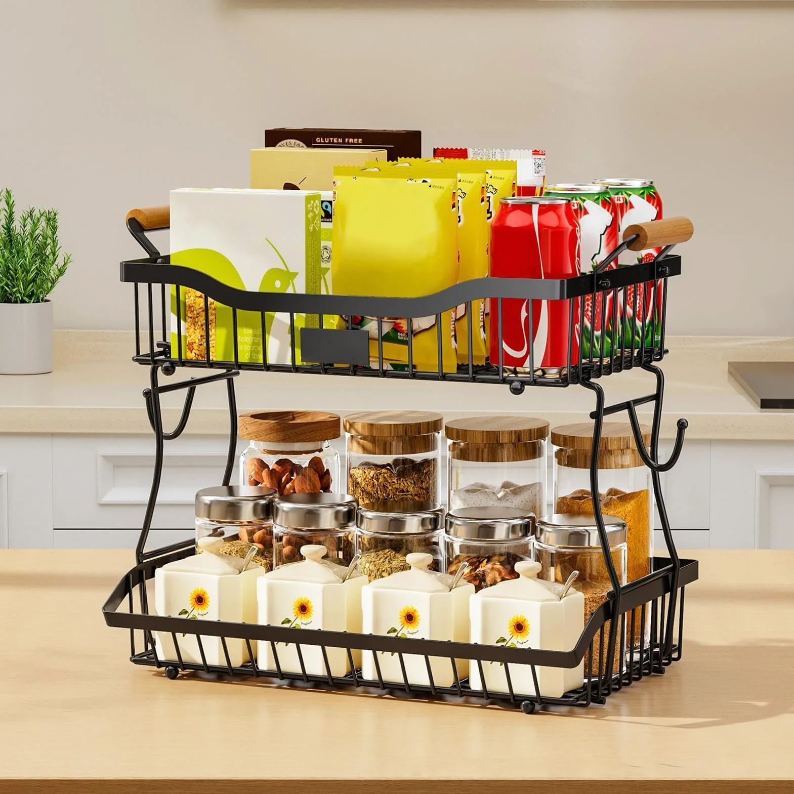 para la Cocina Soporte 2 Niveles Alimentos | Organizador Pan que Ahorra Espacio Para Frutas, Verduras, Aperitivos, Pan, Despensa, Oficina, Encimera, Cocina, Centro De