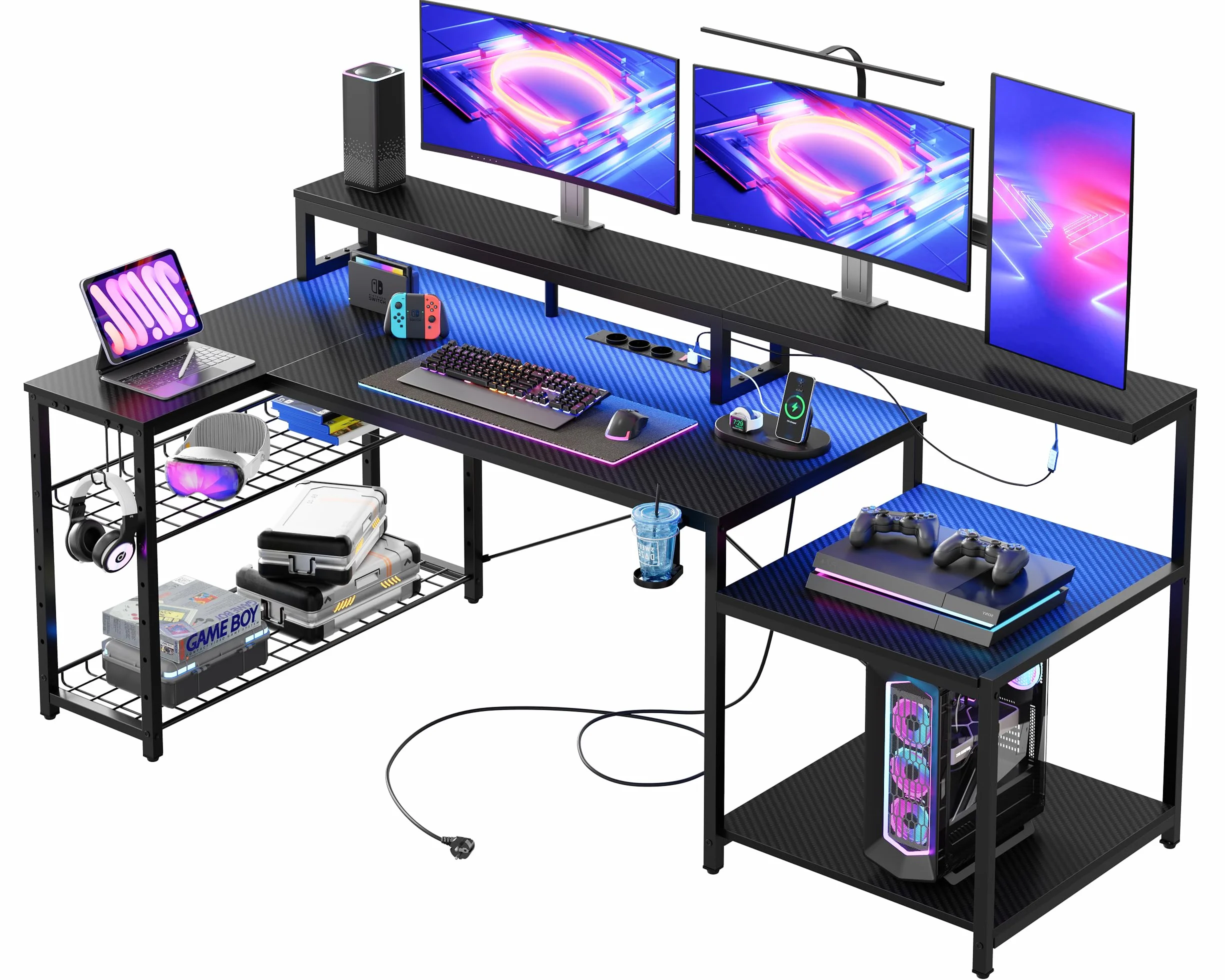 Bestier Mesa Gaming 181cm, Escritorio Gaming con Luces LED, Mesa Gaming para PC con 3 Tomas de CA y 2 Puertos de Carga USB, Escritorio para Ordenador con Amplio Estante para Monitor