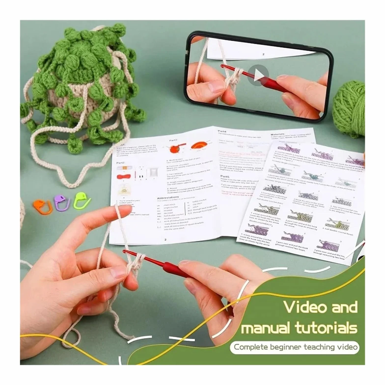 Kit Ganchillo Kit de planta colgante de crochet for principiantes con instrucciones, hilo de algodón, agujas, ganchos y juego de herramientas for tejer.(Type1)