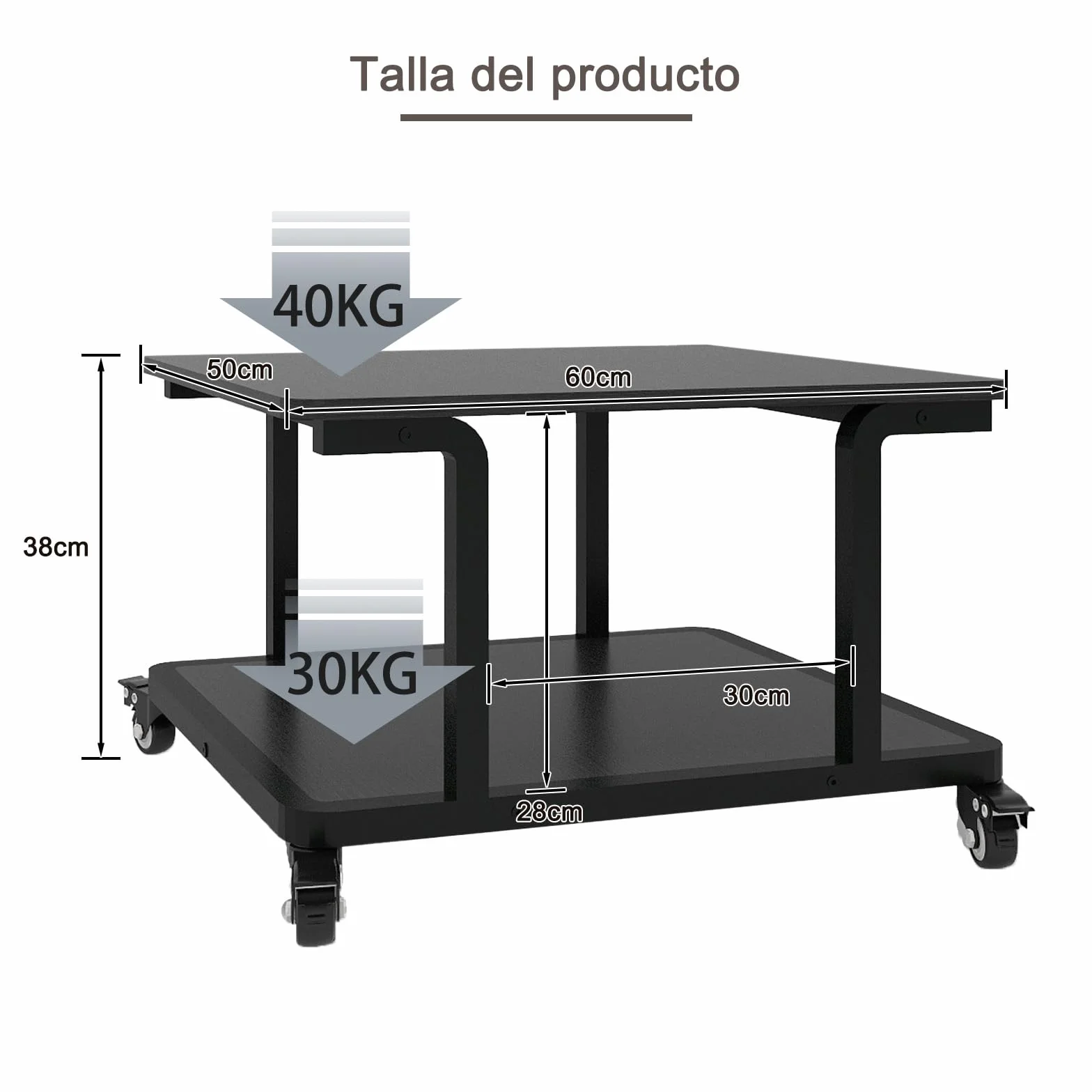 PUNCIA Mesa para Impresora de 2 Niveles con Ruedas 60 x 50 cm Soporte para Impresora Móvil de Madera y Metal con Estante de Almacenamiento para Oficina Hogar Escuela Negro