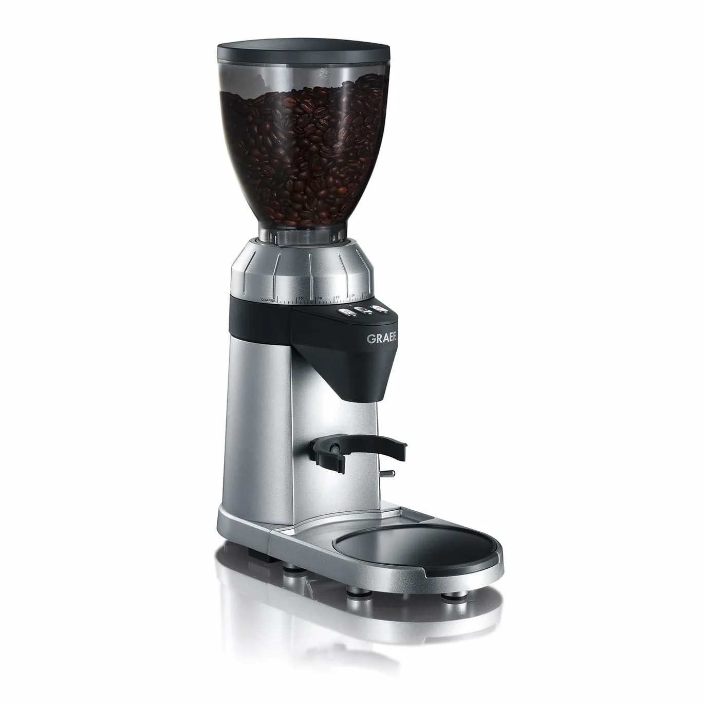 GRAEF Molinillo de café CM900, 40 niveles de molido, molido a demanda, dosificación automática, depósito de 350 g, función programable, recipiente extraíble, color plateado