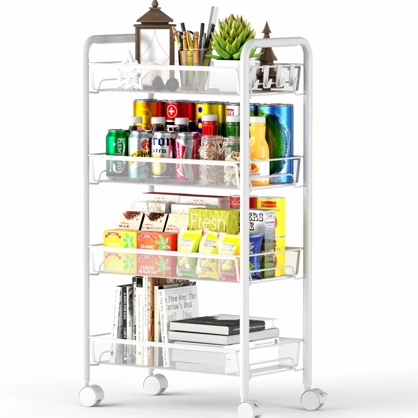 OVICAR Carrito rodante de alambre de malla de 4 niveles, organizador de almacenamiento de cocina, carrito utilitario de almacenamiento de cesta de metal completo con ruedas y 4 ganchos laterales