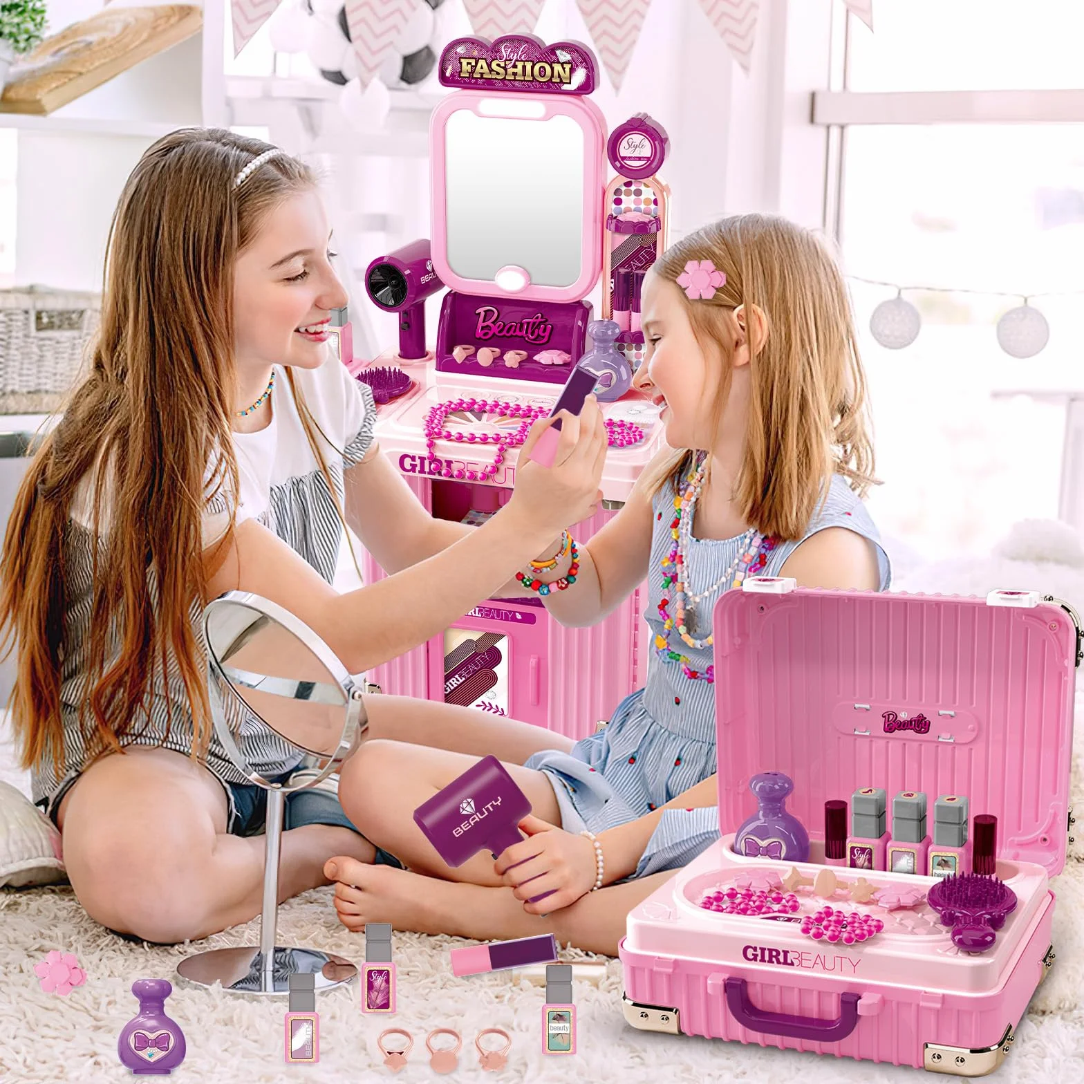 deAO Tocador de Maquillaje Niña Princesa con Maletín, Juegos Infantiles 3-12 años