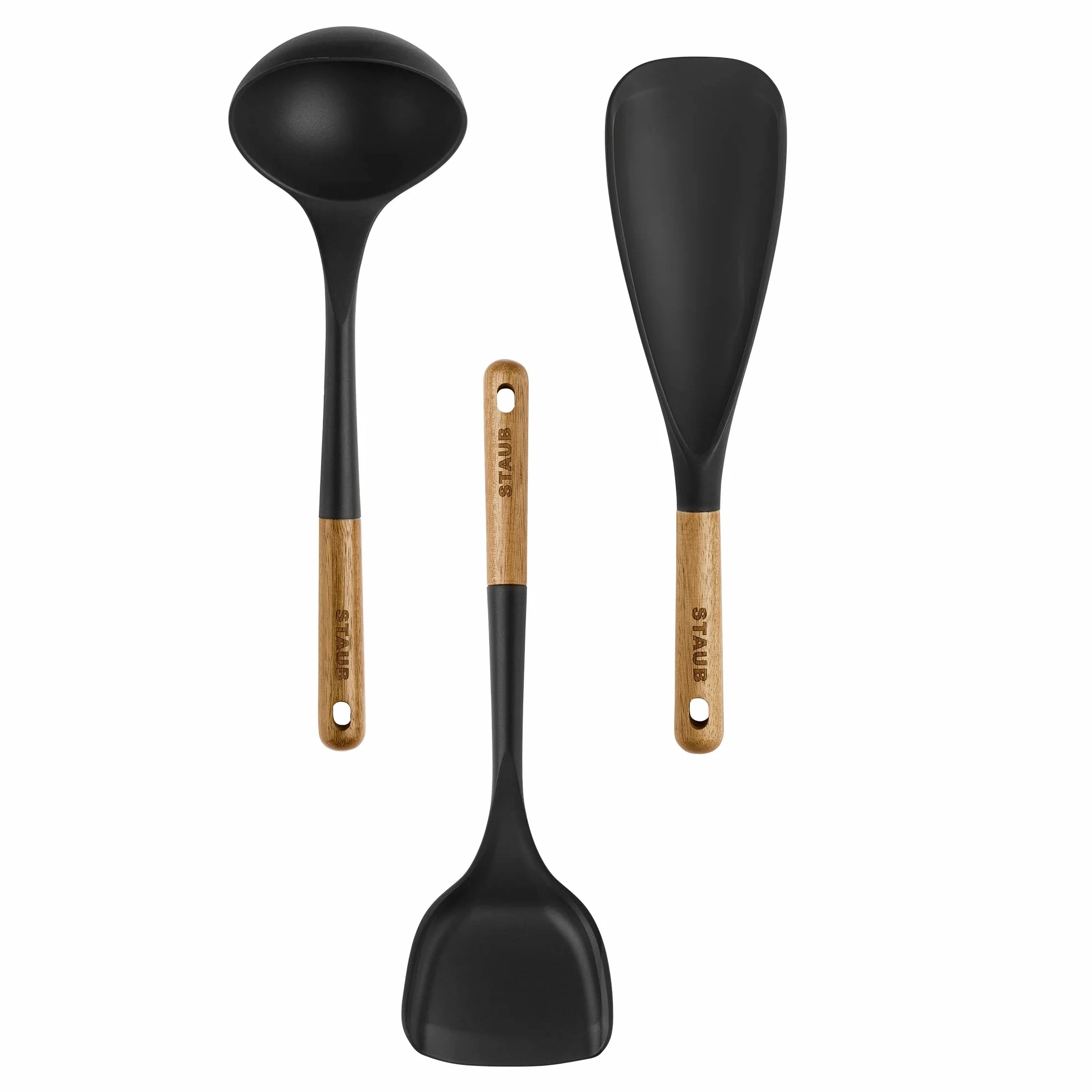 Staub Juego de utensilios de cocina de silicona con mango de madera, 3 piezas
