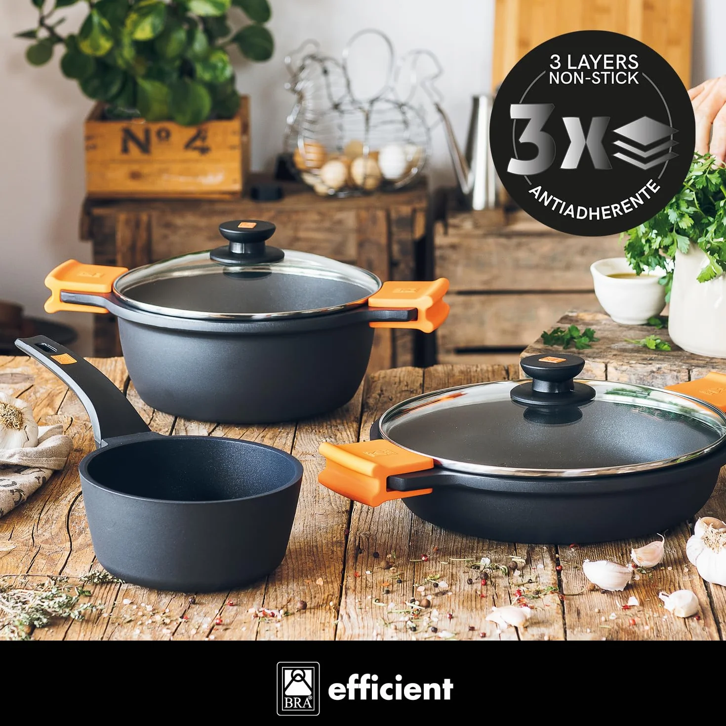 BRA Efficient | Cacerola baja antiadherente sin tapa, apta para todo tipo de cocinas e inducción, 45 cm