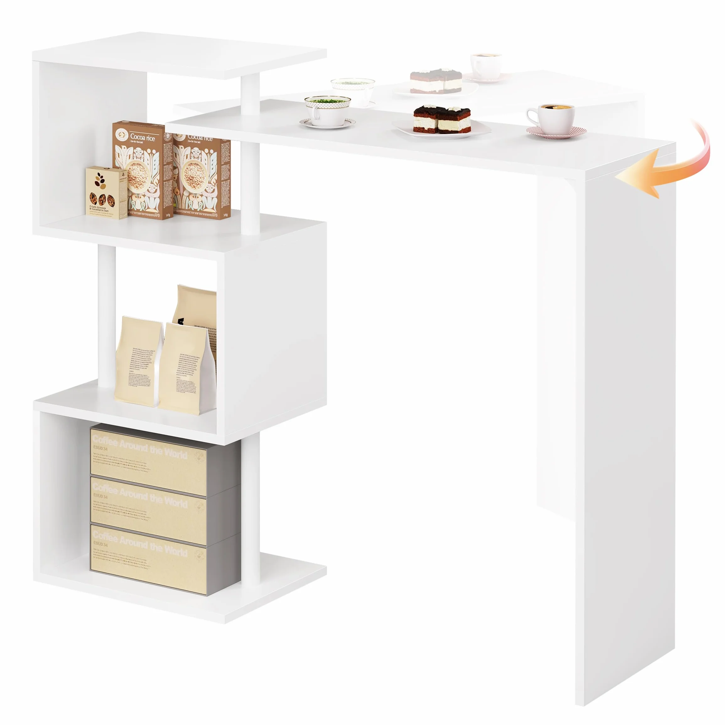 WOLTU Mesa de Bar de Bistro de Comedor con 3 Estantes, Giratoria Estructura de Metal, MDF, 134x38x112cm (WxDxH) Blanco