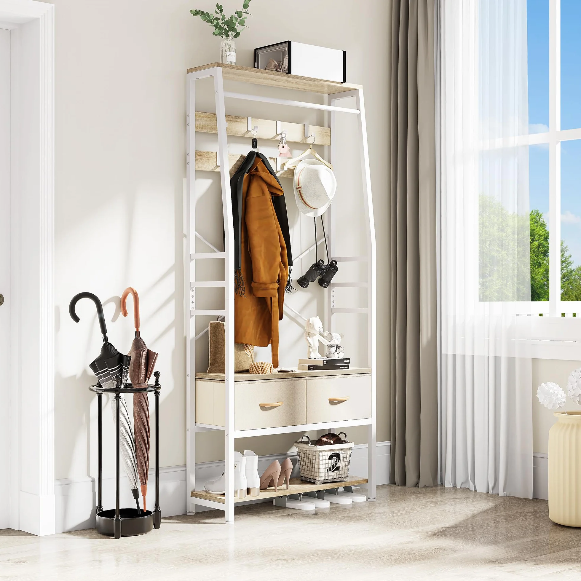 YITAHOME Perchero, Perchero 6 en 1 con 2 Cajones, Colgador Metálico con Zapatero, Barra Colgar Ropa de Madera y Metal con 8 Ganchos, para Recibidor, Sala de Estar, Dormitorio, Blanco y Roble