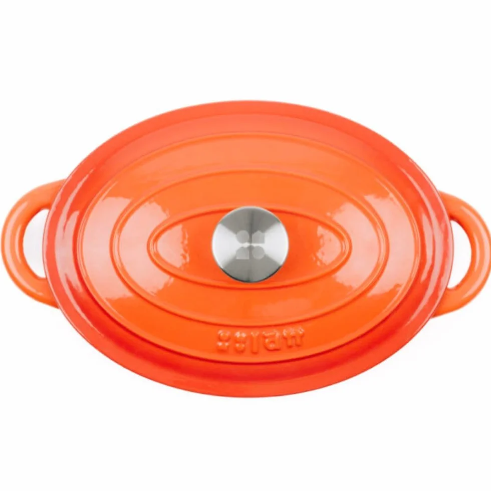 Cocotte Hierro Fundido Esmaltado Naranja. Olla Ovalada 33x11 CM - 6 L. Elegante, Resistente, Especial para Inducción y Apta para todos tipo de Cocina