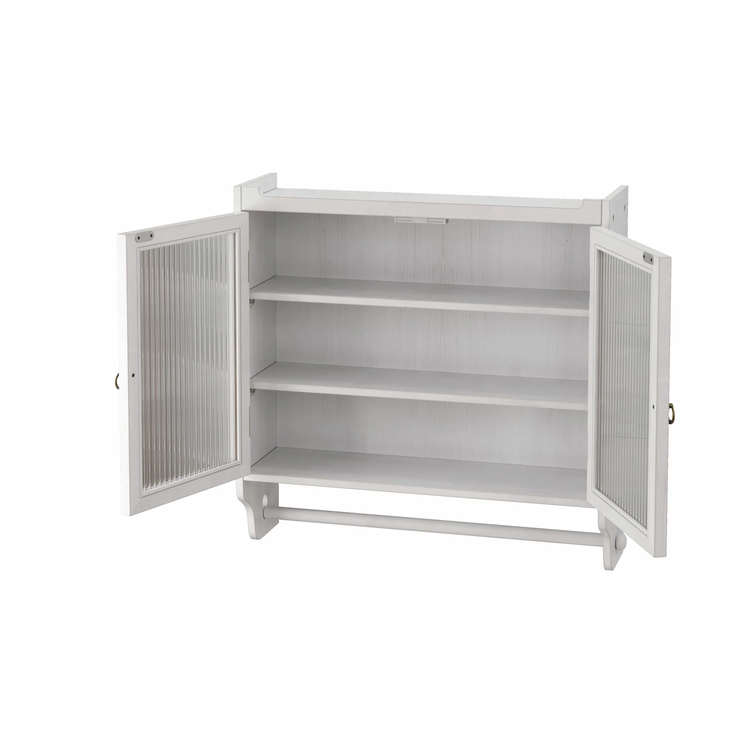 Gabinete de pared vintage de doble puerta de cristal con tres niveles de almacenamiento y estante de toalla, para baño, cocina o sala de comedor, blanco lavado (blanco)