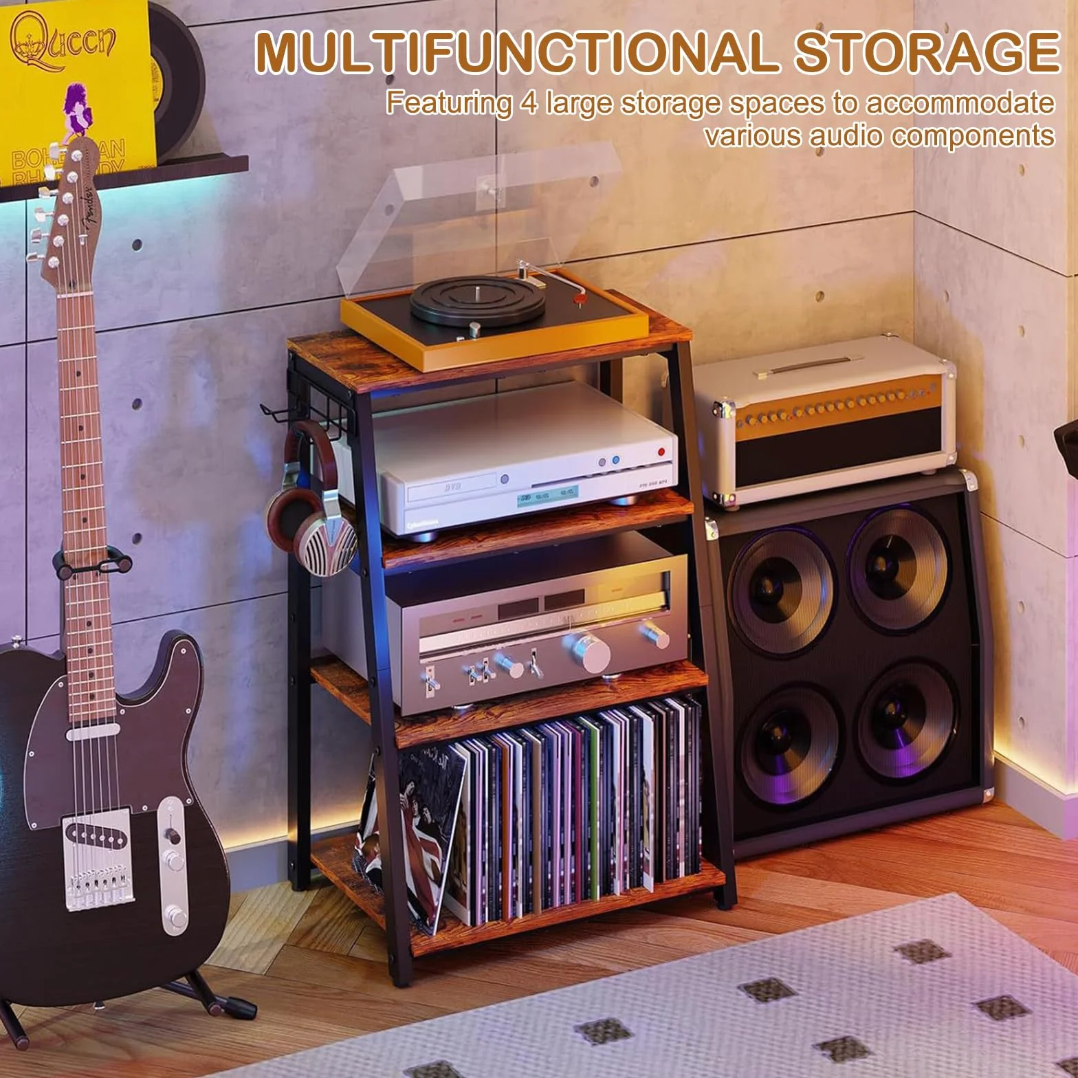 Estantería HiFi de 4 niveles de madera y acero para el hogar, con ganchos, estantería HiFi en forma de escalera con estantes para tocadiscos, equipos estéreos, equipos compactos y consolas de
