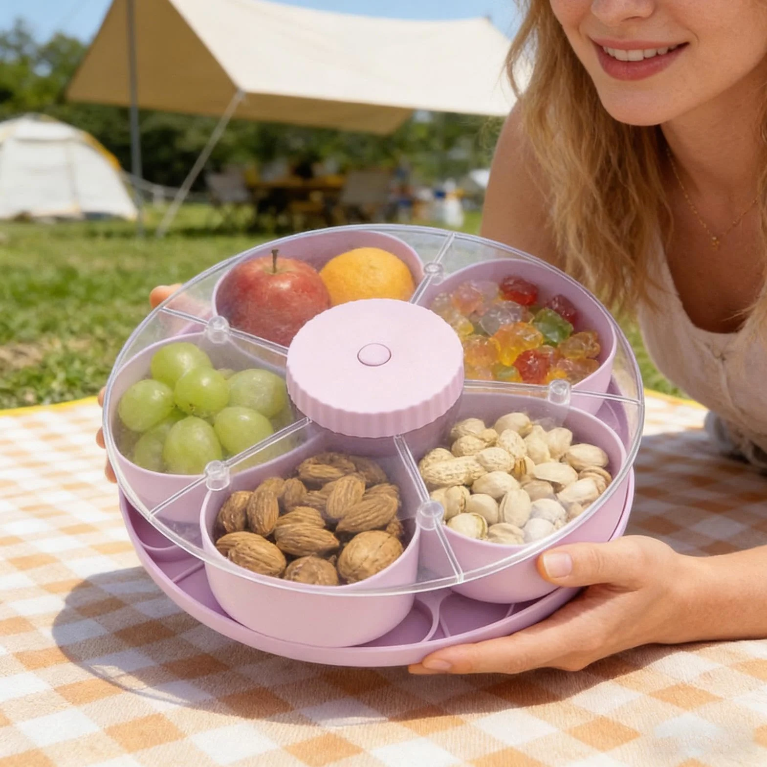 Contenedor De Aperitivos Giratorio Con Tapa Para Servir Ensalada De | Organizador De Snacks Con Compartimentos para Hogar Apartamento Comedor Salón Picnic Jardín Barbacoa Camping