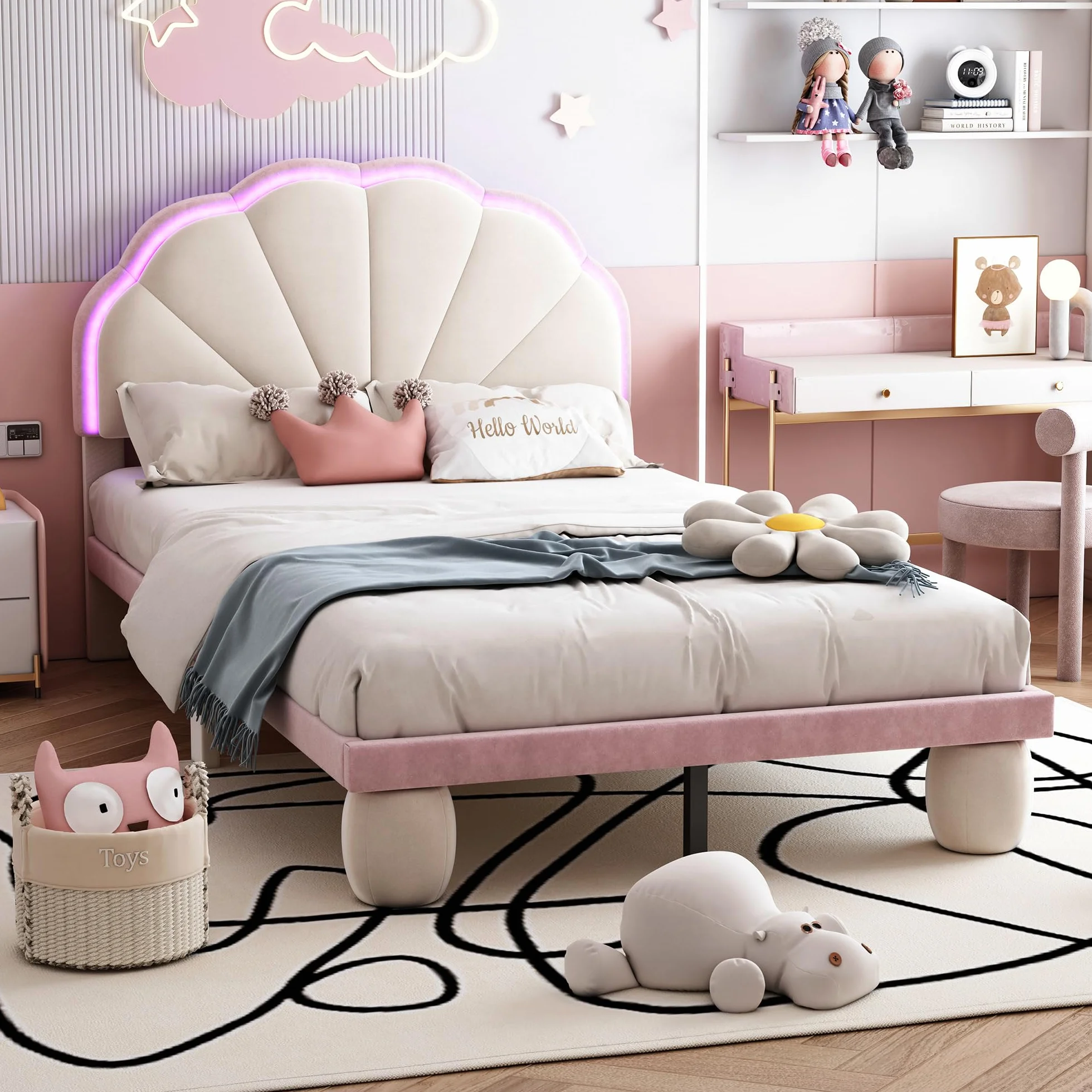 Cama tapizada LED para niños: cama individual de terciopelo en beige y rosa, 90 x 200 cm, con cabecero ondulado, tiras de luz que cambian de color y patas acolchadas, habitación infantil de cuento de