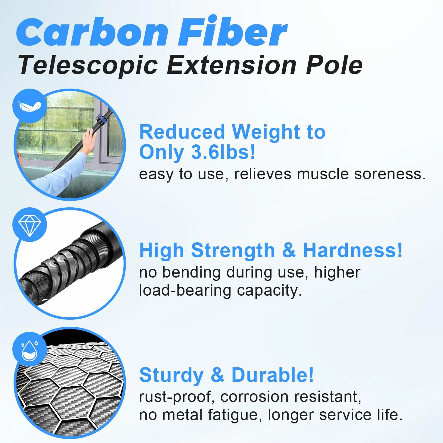 Palo Extensible de Fibra de Carbono 9,15m - Ultra Ligera y Resistente, Estable Sin Sacudidas en Extensión Máxima, Conector de Rosca Universal, Multiusos para Limpieza de Alturas, Piscinas y Pintura