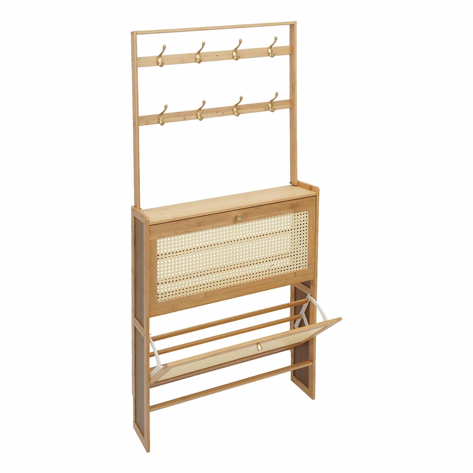 Mueble de zapatos de dos niveles para almacenamiento de zapatos con puerta batiente y ganchos para zapato, bambú, estante de almacenamiento, antipolvo, para entrada/pasillo/familia