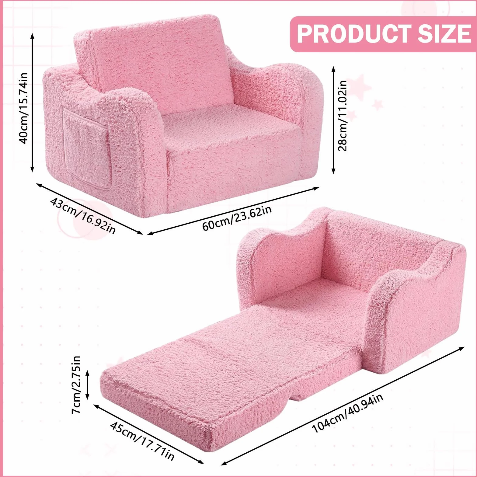 MeYuxg 3 en 1 Sofa Infantil, Sillon Bebe para Niños y Niñas, Sillón Convertible y Cama Plegable, Mini Sofá, Regalo del Niño y Cumpleaños, Rosa