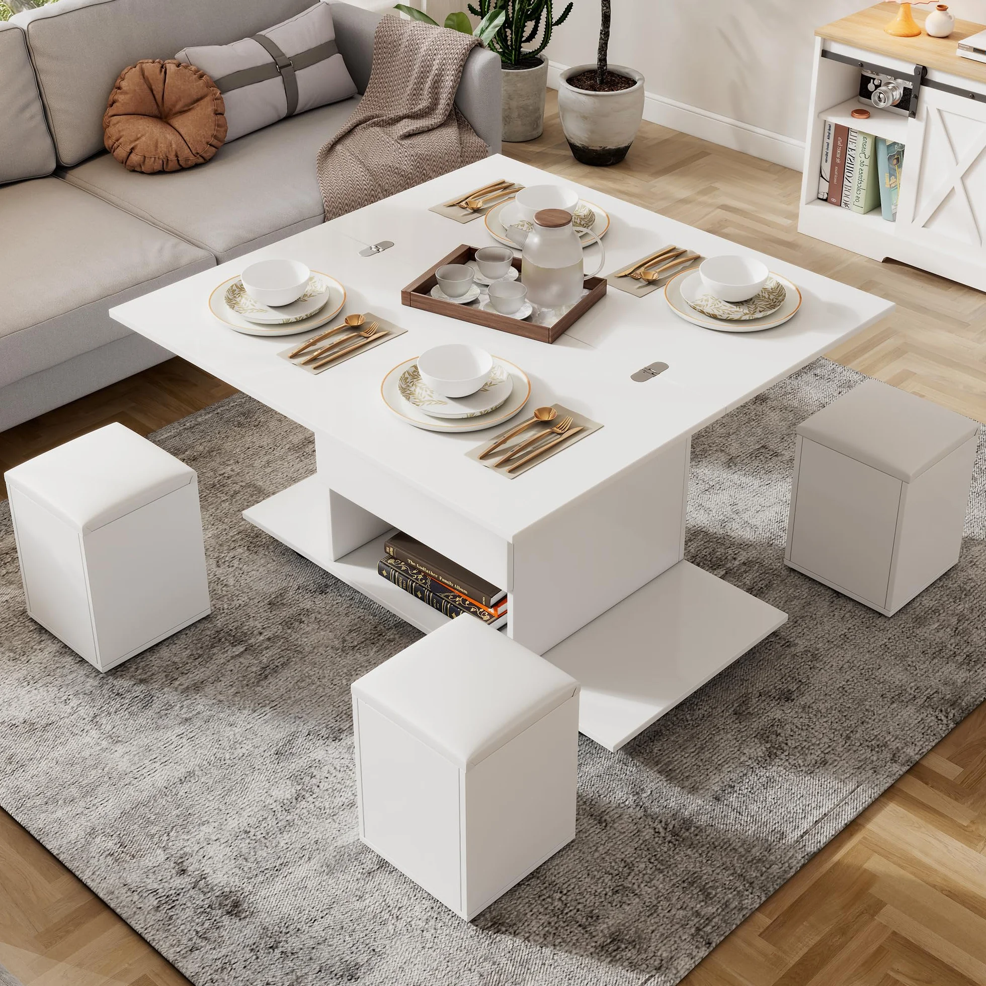 Mesa de centro multifuncional elevable: el escritorio puede abrir 2 mesas, color blanco, gran capacidad, muebles modernos de salón, oficina, mesa de comedor, 100 x 100 x 63,5 (largo x ancho x alto)