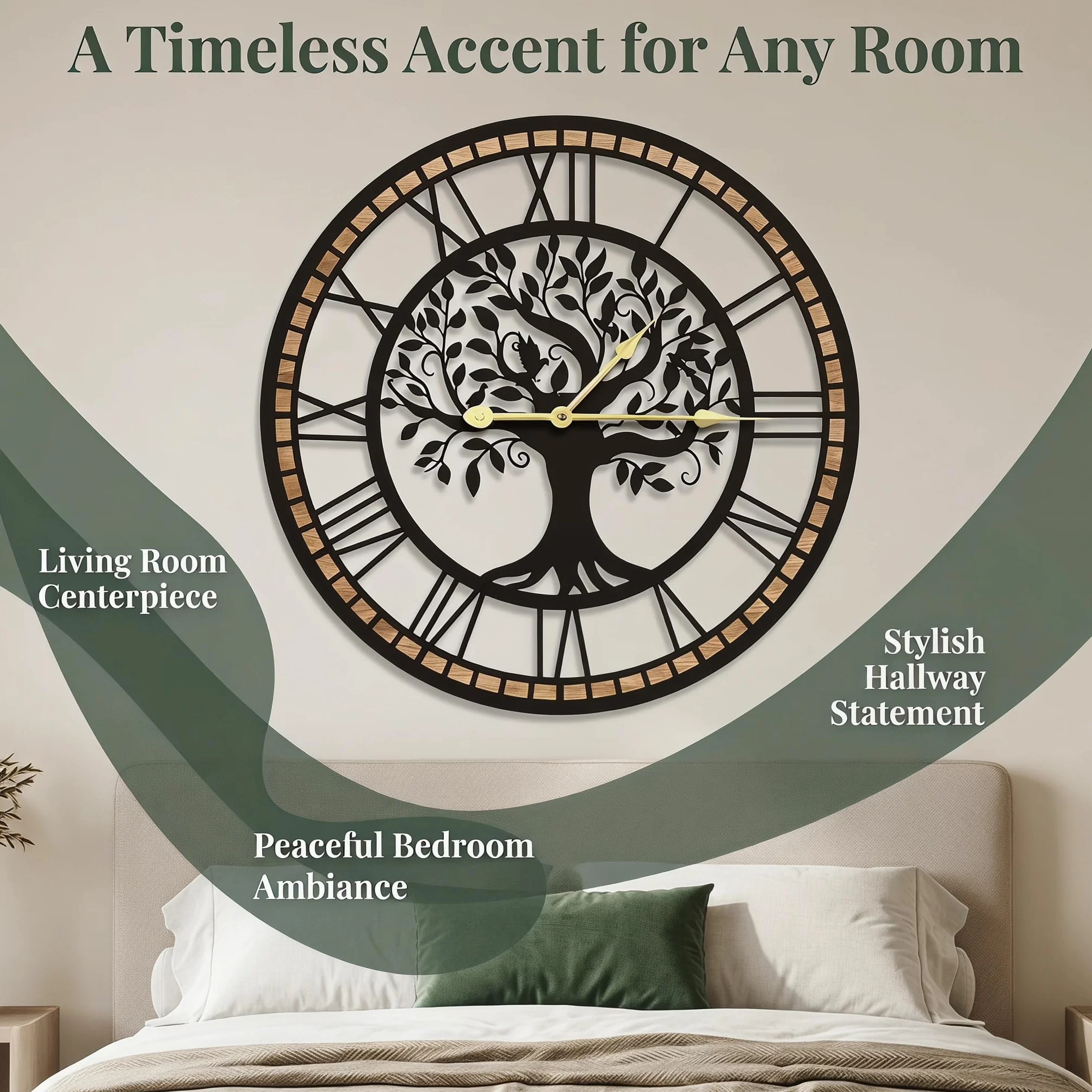 Reloj de Pared Grande con diseño de árbol de la Vida, Negro y Madera, números Romanos, Redondo, 40 cm, para Sala de Estar