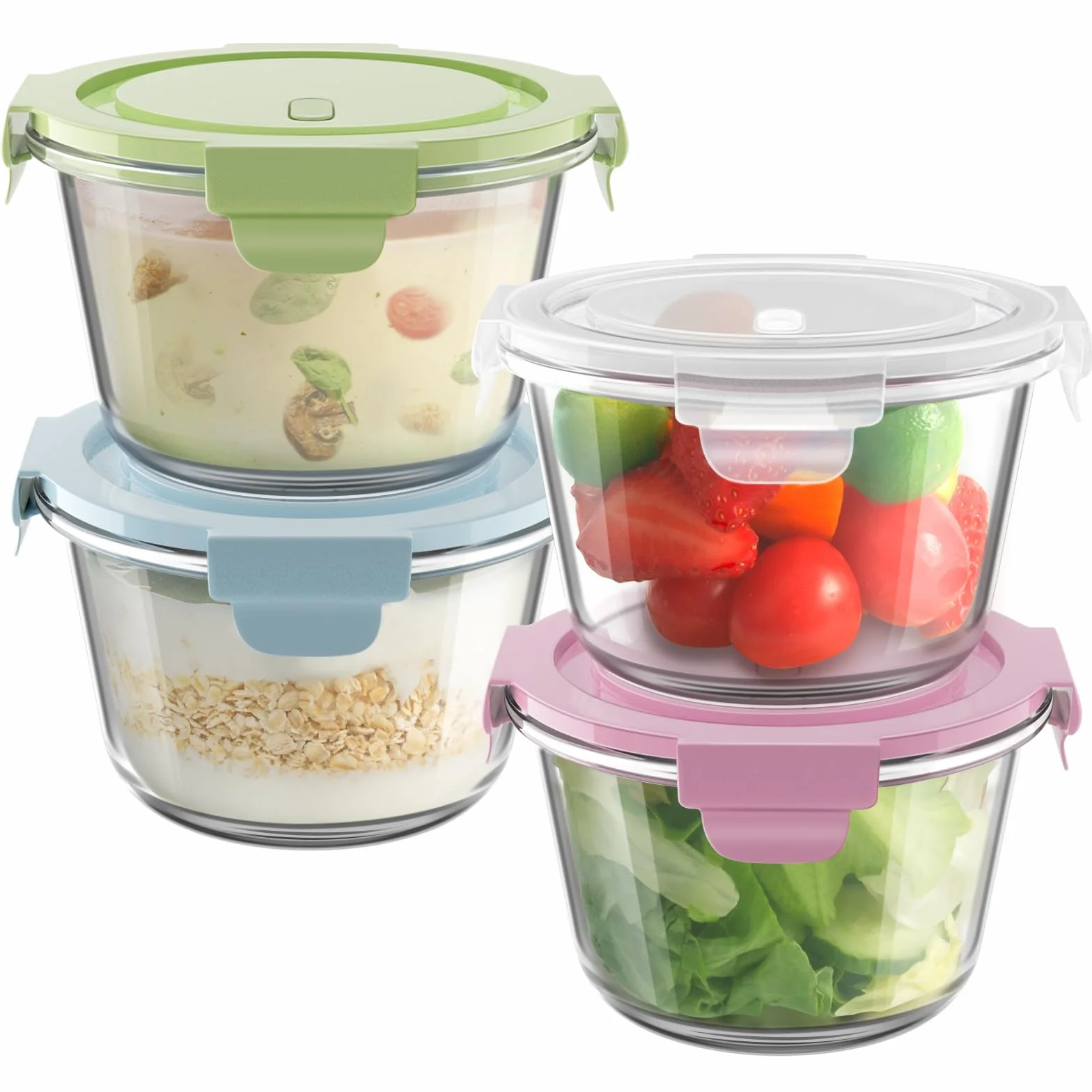 Juego de 8 recipientes de vidrio para preparación de comidas con tapas, herméticos, 2 tazas, recipientes de vidrio resistentes al calor, sin BPA, para sobras de sopa, microondas, lavavajillas y