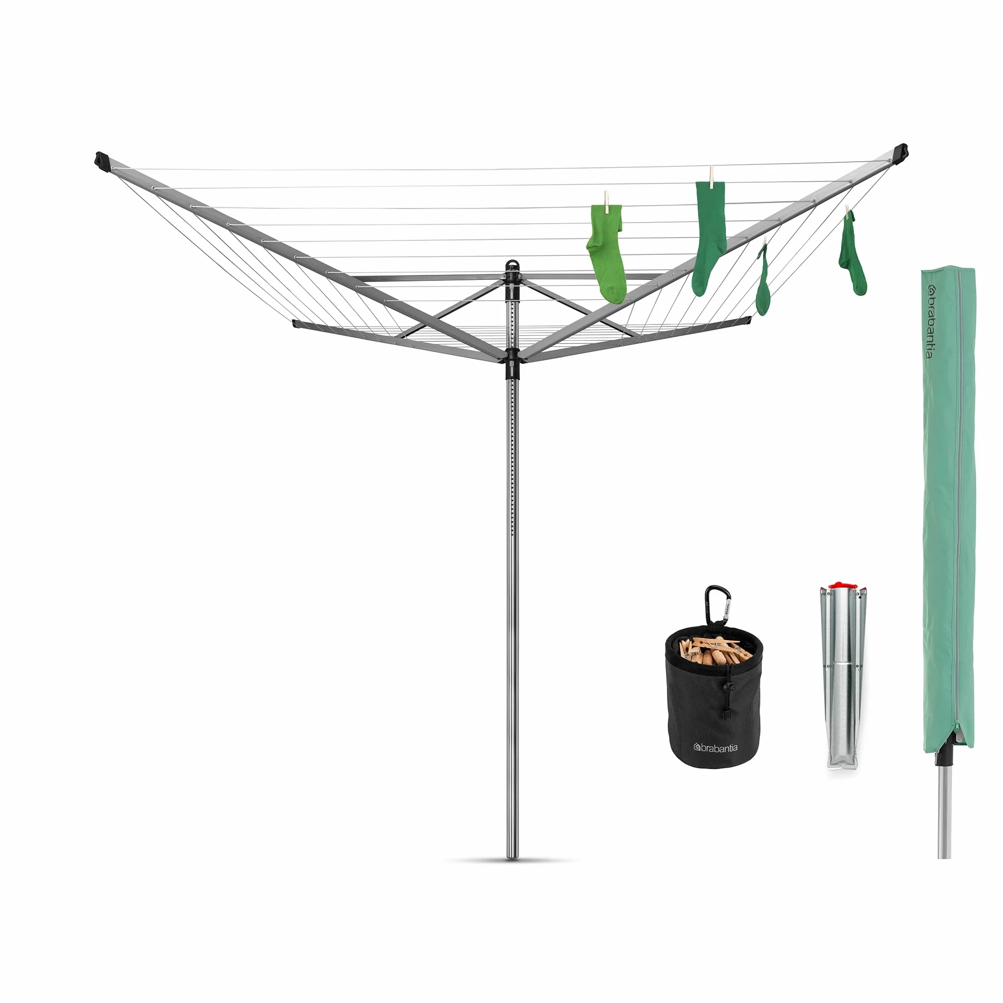 Brabantia - Tendedero Rotary Lift-O-Matic - con Soporte para jardín - Ajustarlo fácilmente a tu Altura - Cuerdas resisitentes a los Rayos UV - Antideslizantes - Metallic Gris - 50m