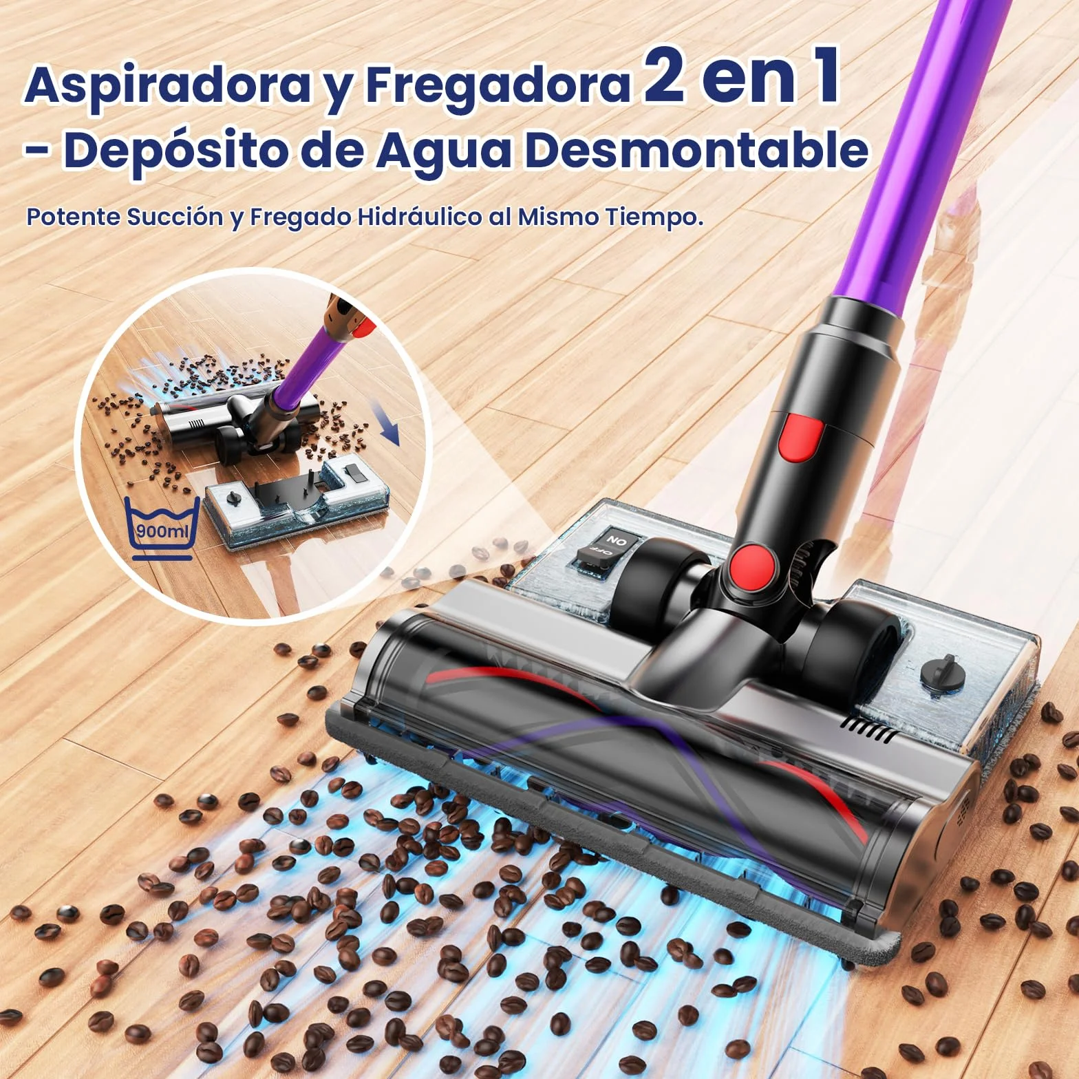 A12 Aspiradora sin Cable 50Kpa/600W/70Min, Aspirador Escoba con Depósito de Agua Extraíble, Tubo Plegable, Pantalla LED, Anti-Enredos, Batería Extraíble, para Alfombras y Mascotas (Morado Pálido)