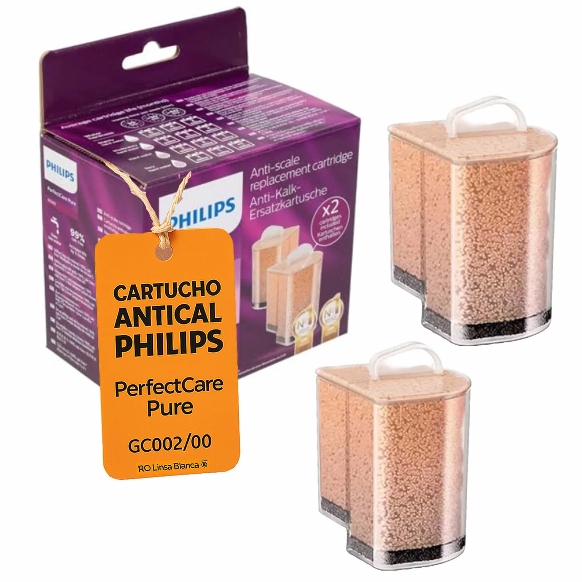 RO Linea Blanca ® Cartucho Antical Universal Pack 2 Unidades Ref 423902178460 GC002/00 Compatible Con Philips PerfectCare Pure Series GC7600 GC7620 GC7635 GC7640 Reduce Cal 99% Protege Caldera