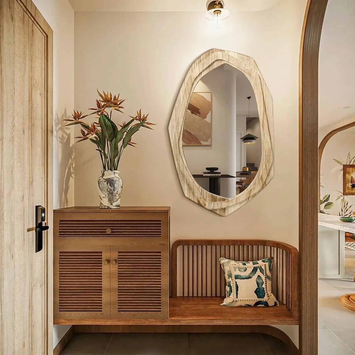 AAZZKANG Espejo de pared irregular grande con marco de madera, 70 x 45 cm, espejos colgantes asimétricos rústicos para baño, dormitorio, sala de estar, entrada