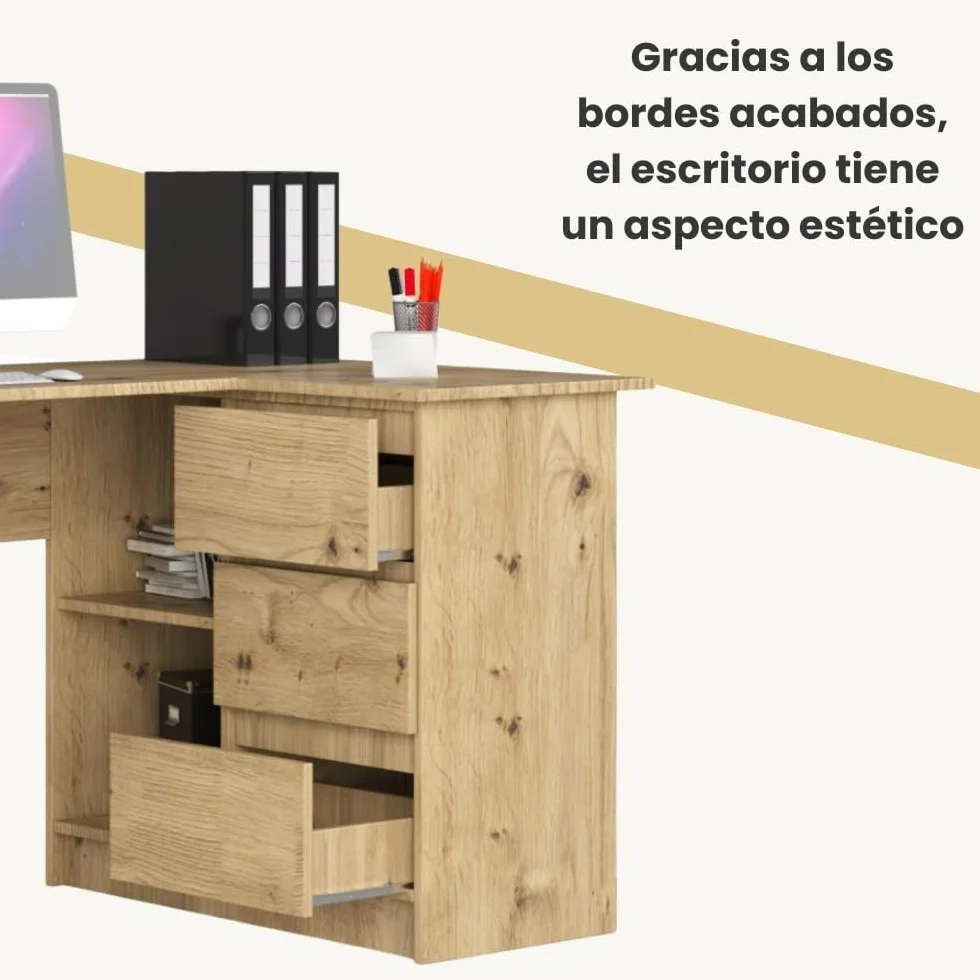 Escritorio esquinero AKORD B16 Roble Artisan 124 cm con lado derecho 3 cajones frente en color Roble Artisan 2 estantes 124x85x77 cm