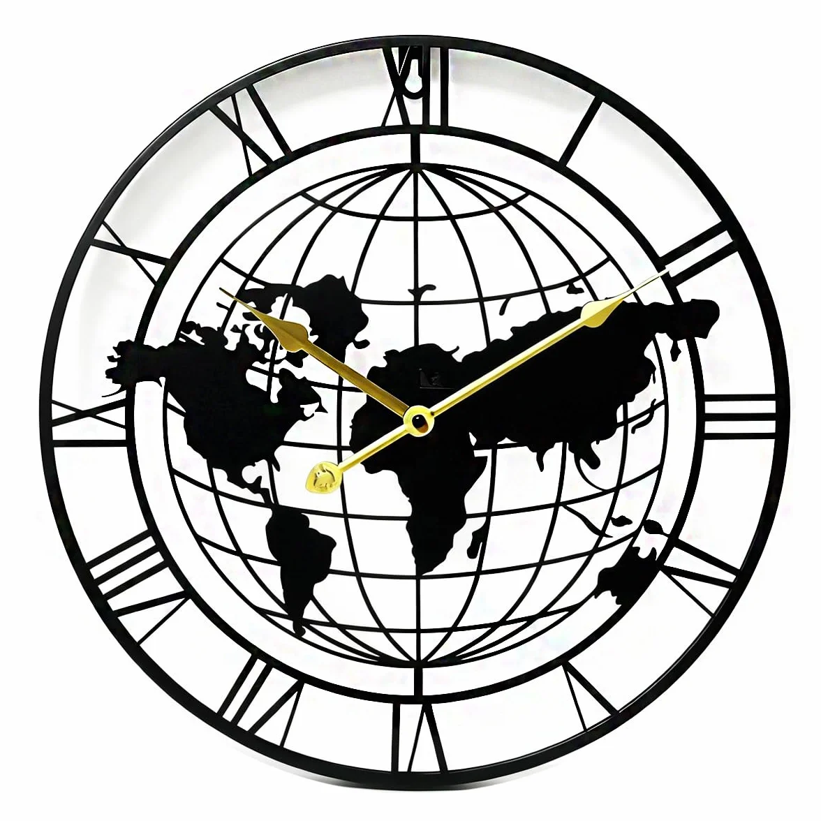 Reloj de pared silencioso vintage de 40 cm, reloj de metal para salón, cocina, cafetería, hotel, oficina, decoración del hogar (mapa)