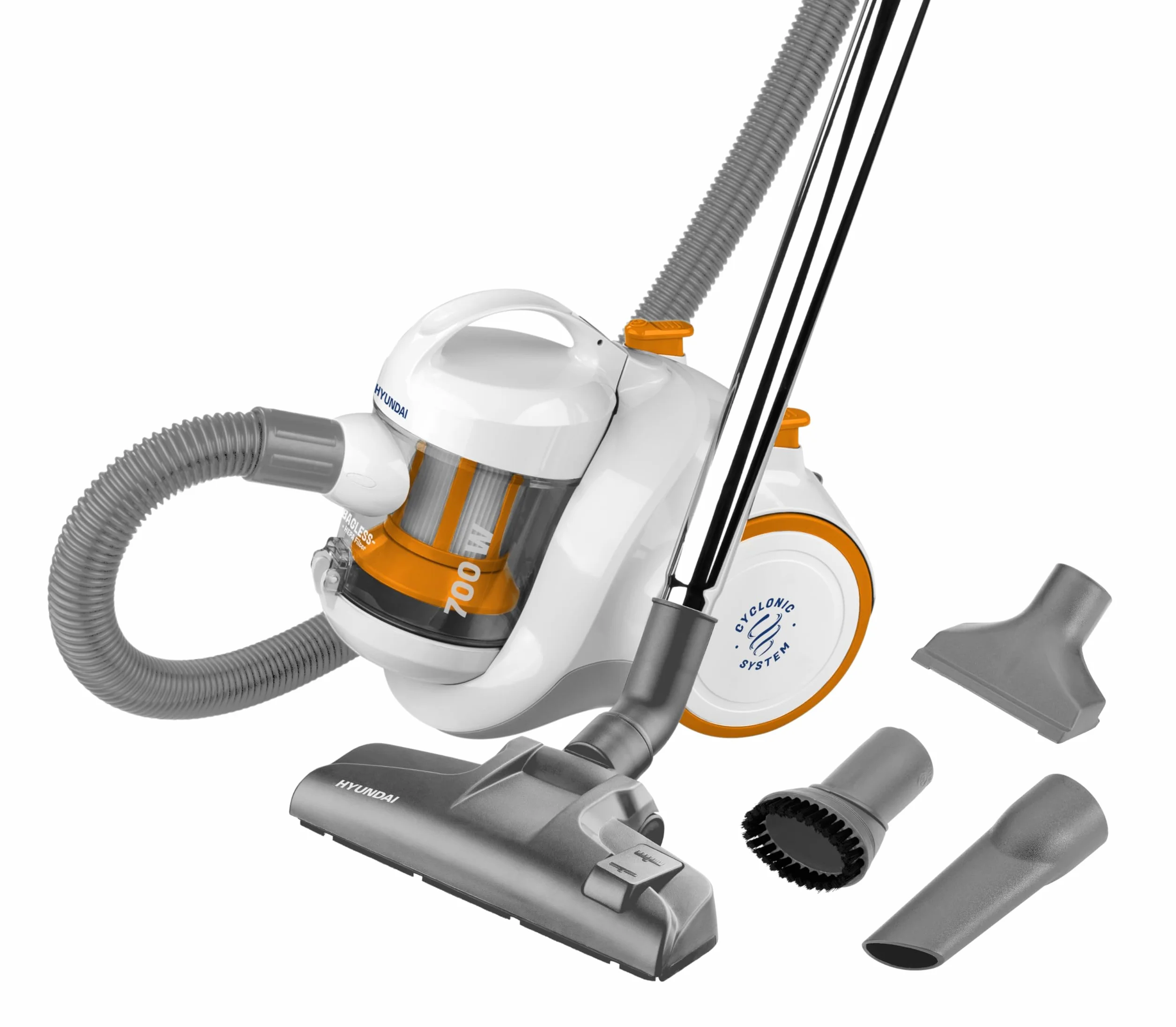 Hyundai HYUVC009 - Aspirador sin bolsa (700 W, 1,5 L, 80 decibelios), color blanco y naranja