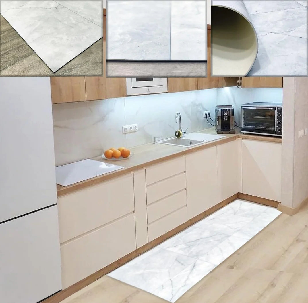 Alfombra Vinilo beig Marfil Dibujo marmol veteado para Cocina, Alfombra Vinilo para salón, Alfombra Oficina antidelizante con Detalles Gris.