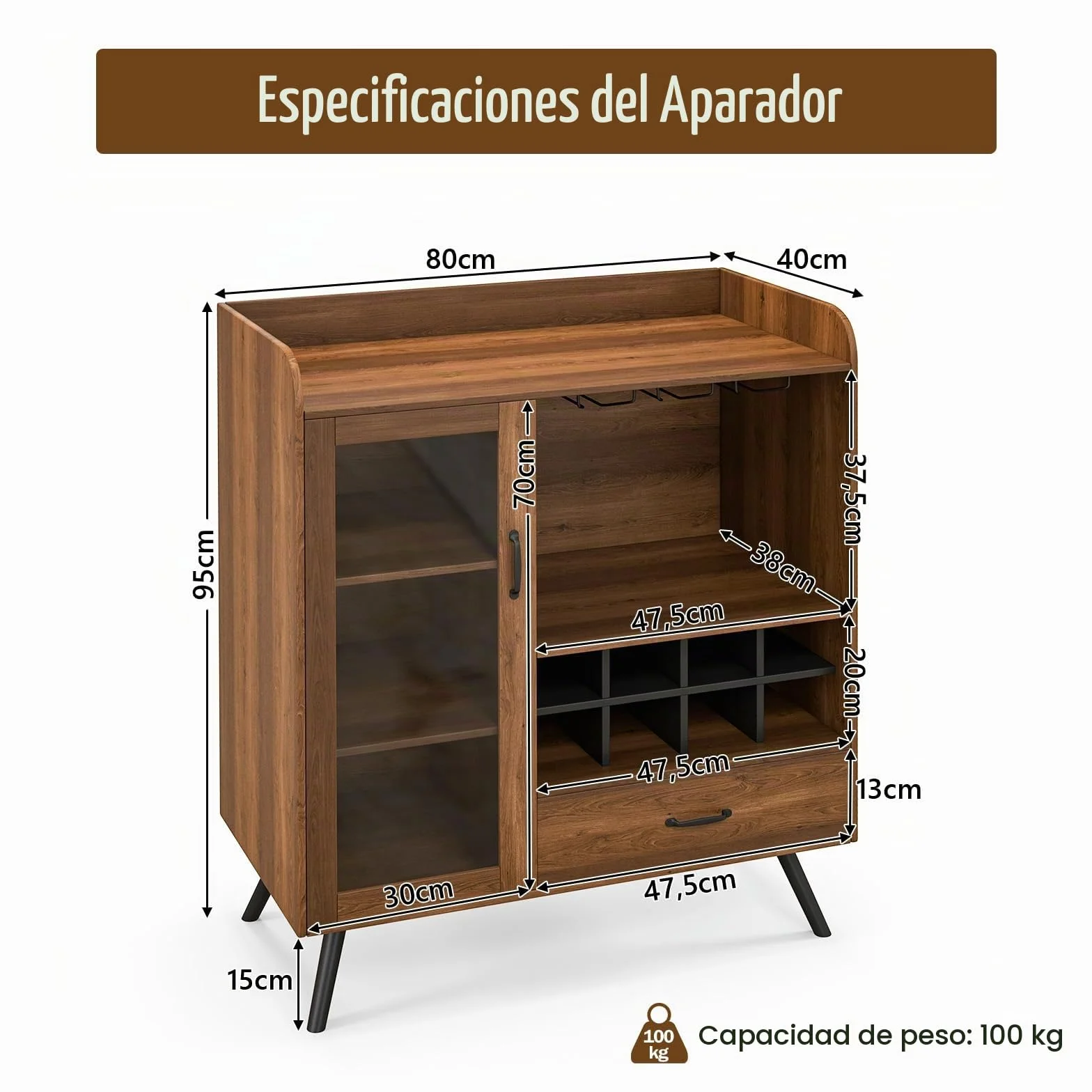 KOMFOTTEU Armario para Vino Industrial, Aparador de Cocina con Portabotellas, Soporte de Cristal, Cajón, Mueble de Almacenamiento con Puerta de Vidrio y Estante Abierto, Armario Bar 80 x 40 x 95 cm