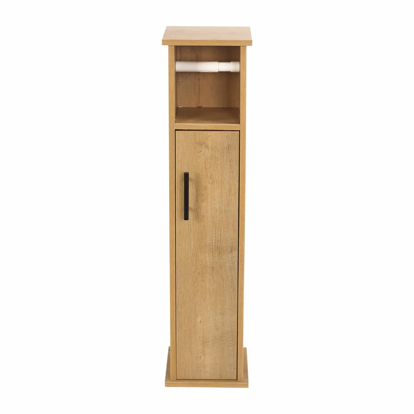 XZ-23014 Armario de Baño Alto y Estrecho con Compartimentos – Mueble Organizador para Papel Higiénico – Columna de Almacenaje 76,5 cm – Puerta con Manija Metálica – Color Roble